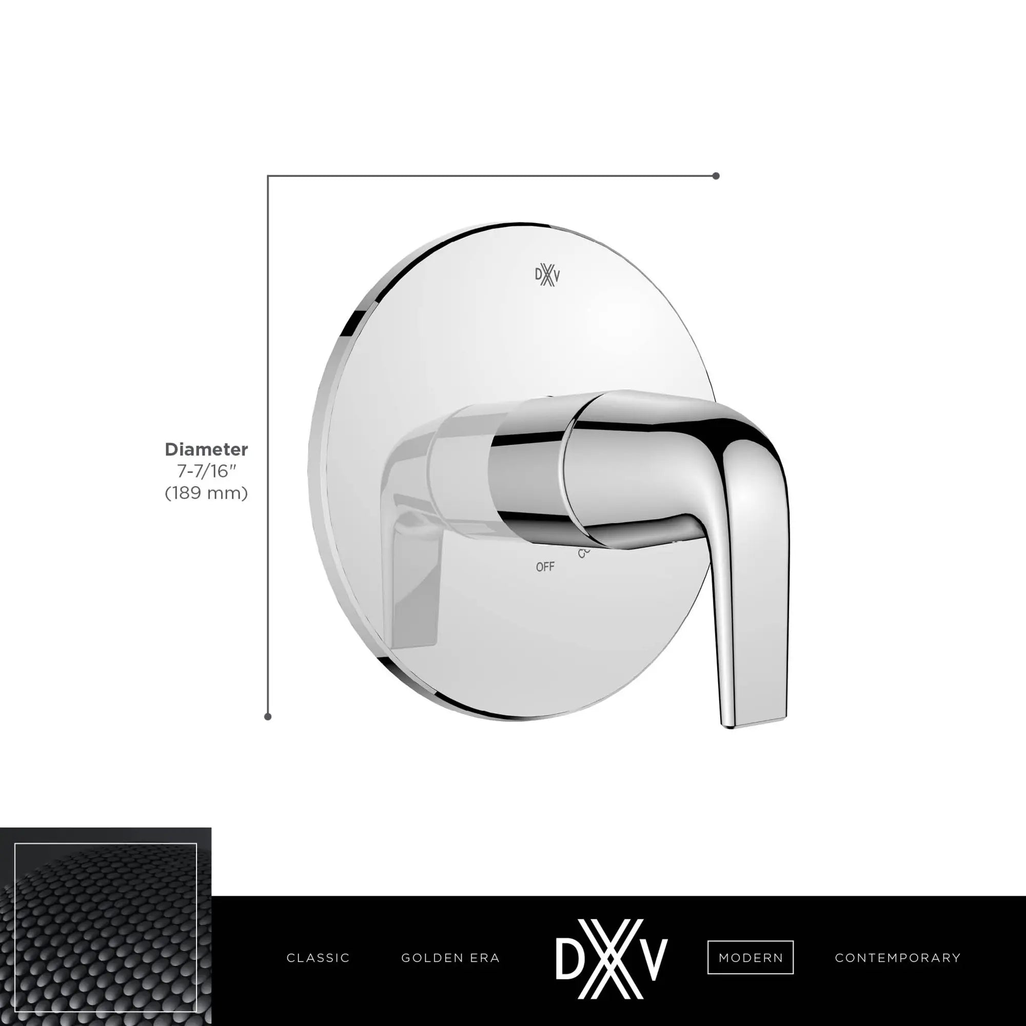 Garniture pour robinet à pression équilibrée DXV Modulus avec poignées à levier // CHROME POLI // 153726_DXV_Modulus_PB_Shower_Valve_Trim_D35120F00_Info_2_CDNwebp.webp