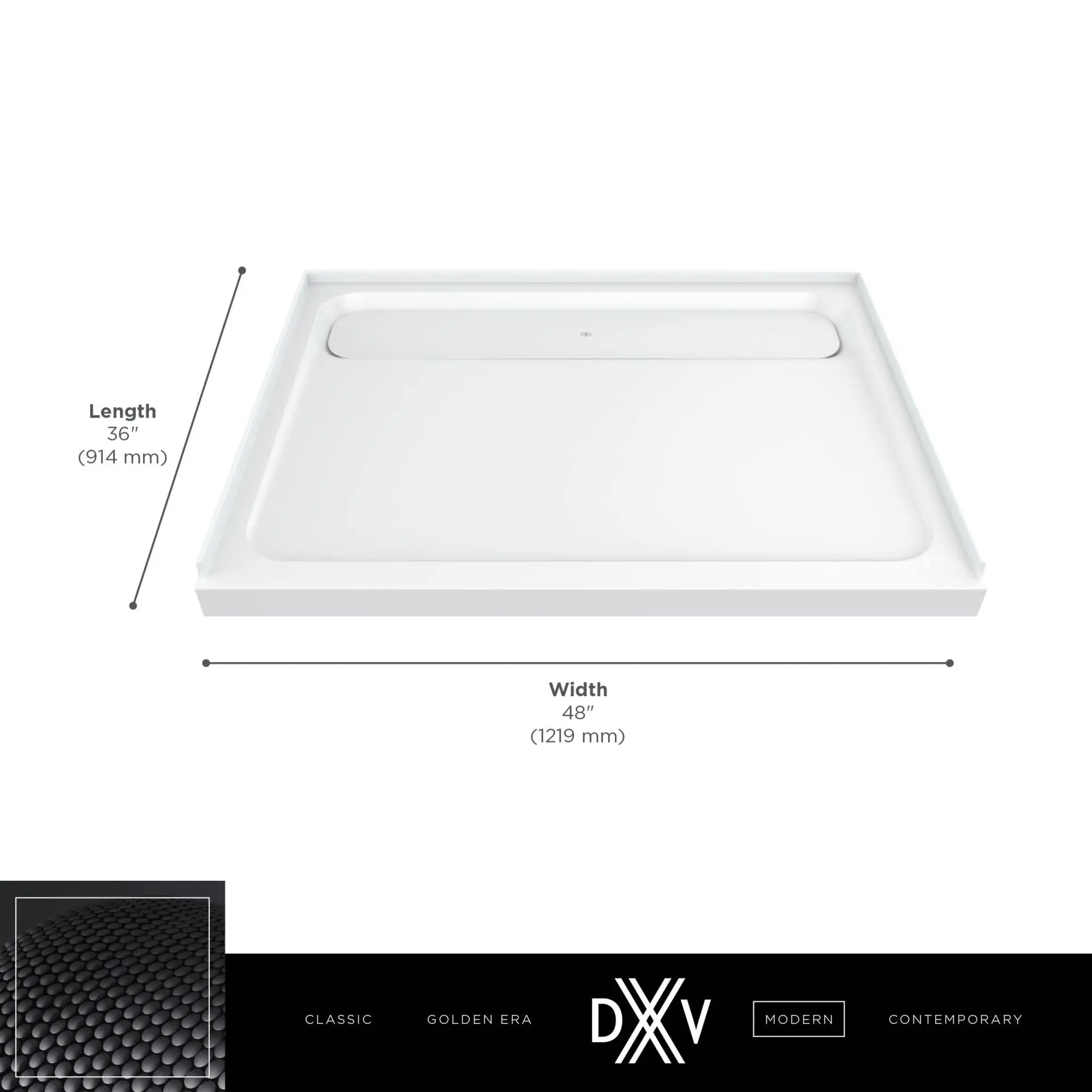Base de douche à surface solide de 48 x 36 po DXV Modulus avec renvoi au centre // MERINO WHITE // 153728_DXV_Shower_Base_48x36_D14836STC_2_0_CDNwebp.webp