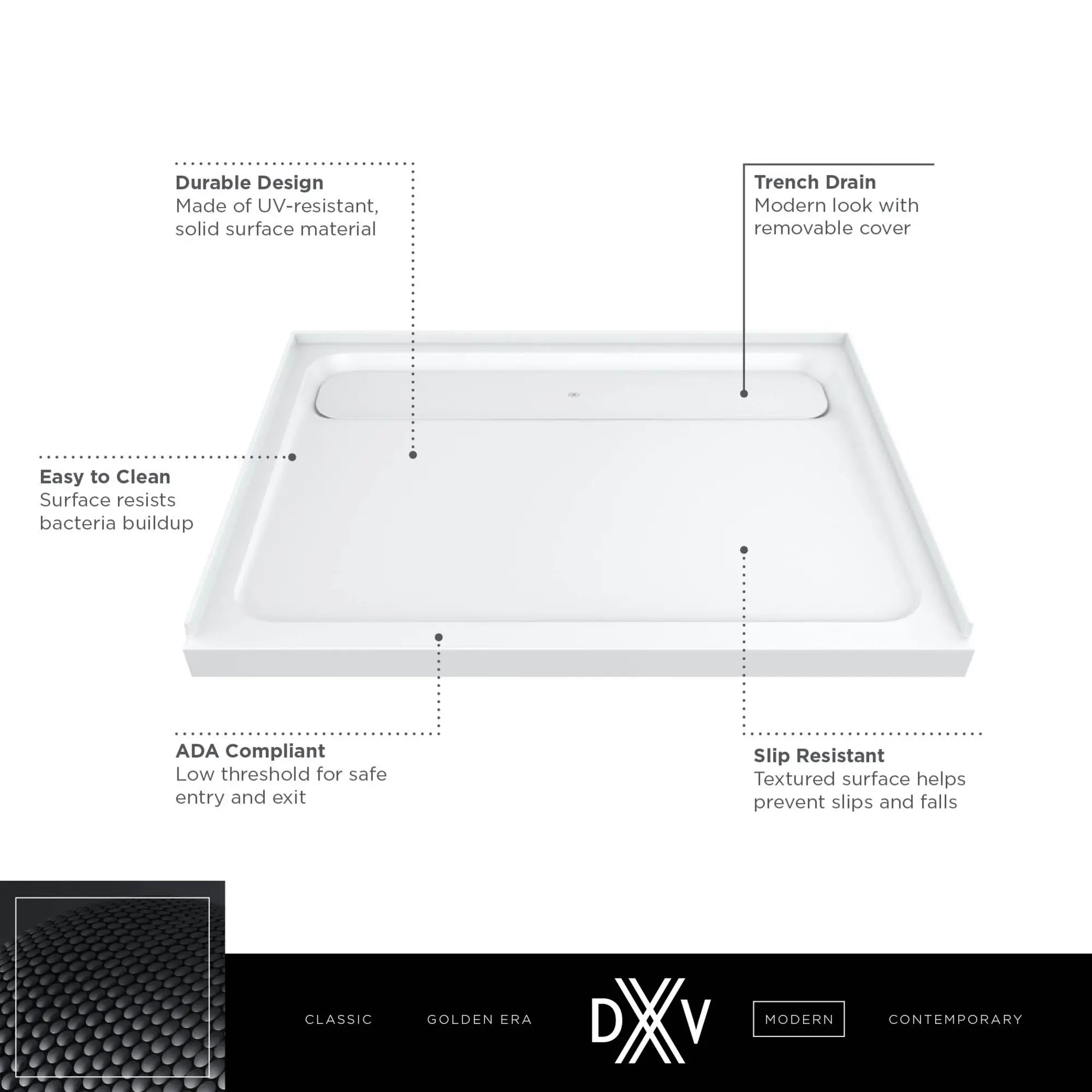 Base de douche à surface solide de 48 x 36 po DXV Modulus avec renvoi au centre // MERINO WHITE // 153742_DXV_Shower_Base_48x36_D14836STC_1_0_CDNwebp.webp