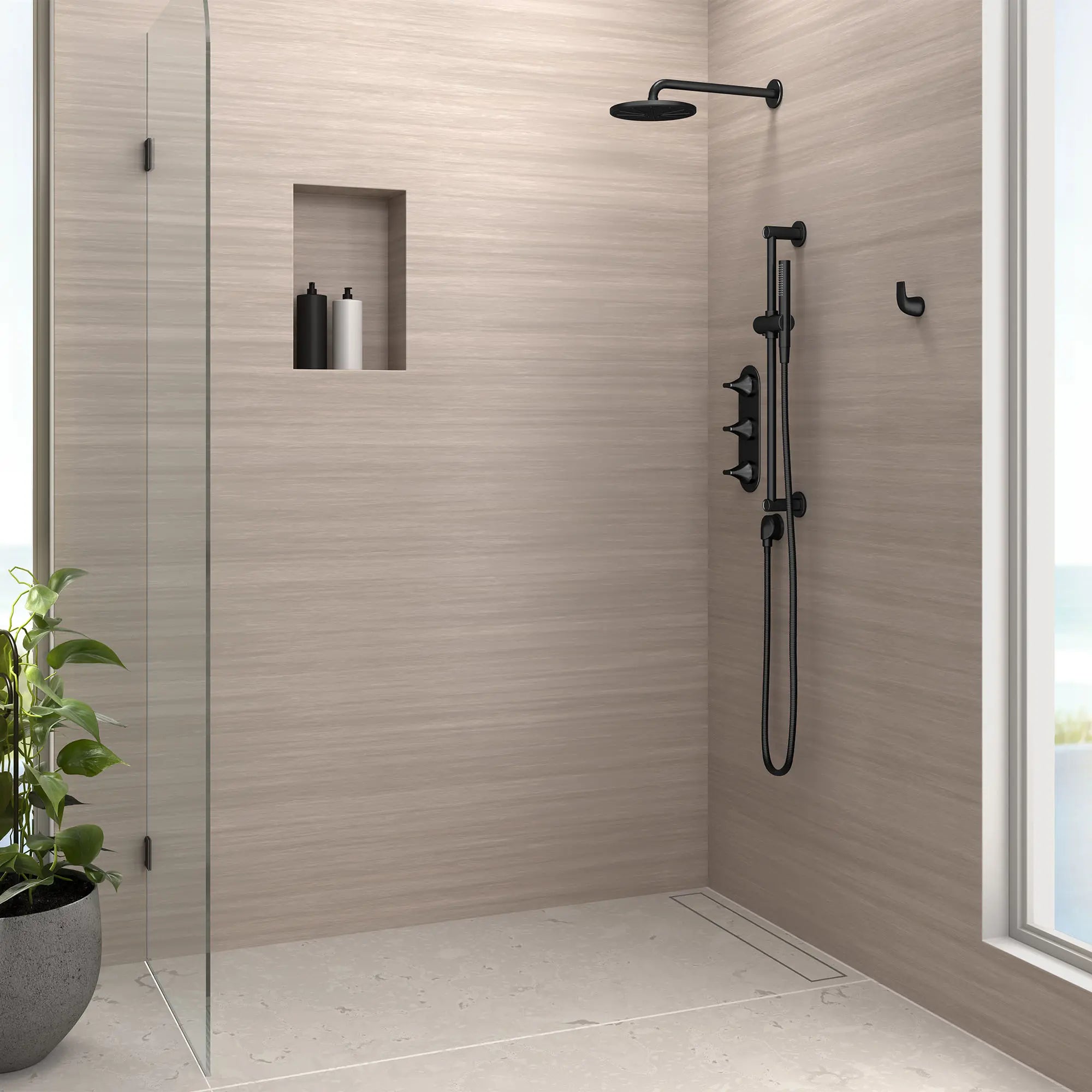 Pomme de douche de 7-1/2 po DXV Modulus // NOIR MAT // 159648_Modulus_Environment_D35700317.243_D35120770.243_D35120210.243_D35120780.243_D35120537.243_0001_Mar2023_0001_Mar2023_0_CDNwebp.webp