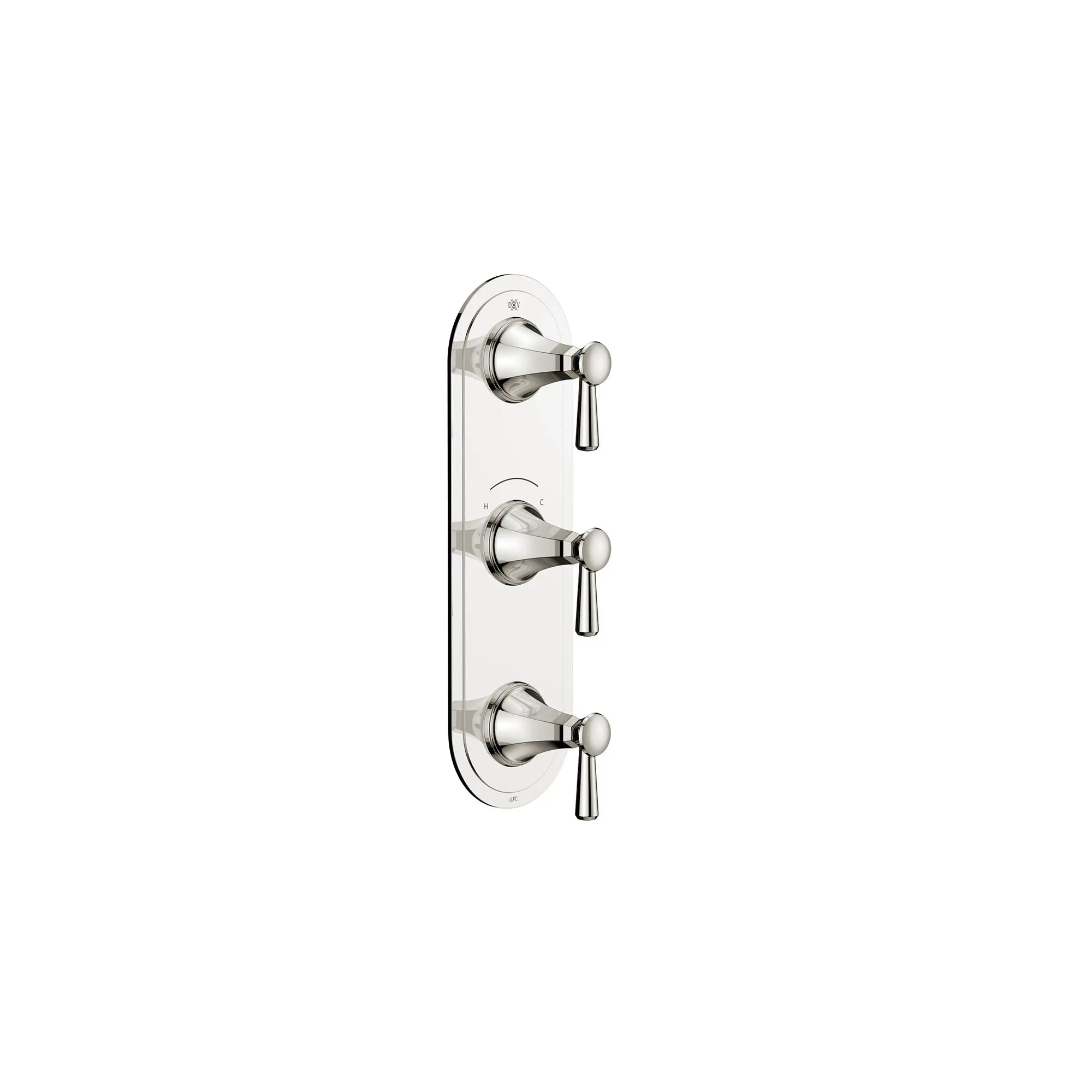 Garniture pour robinet thermostatique à trois poignées Fitzgerald avec poignées à levier // PLATINUM NICKEL // 159654_Fitzgerald_SiloRight_D35160537.150_0001_Apr2023_CDNwebp.webp