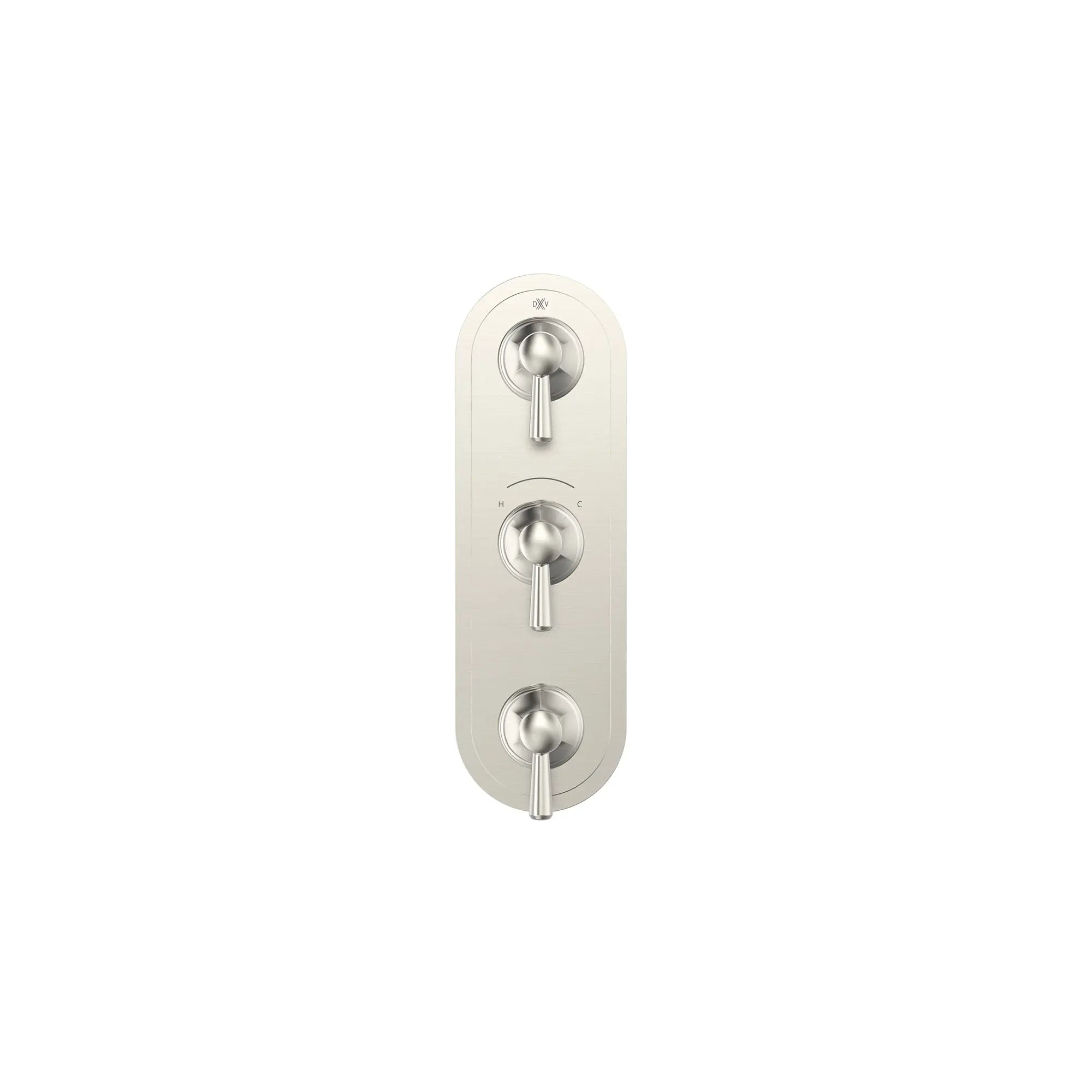 Garniture pour robinet thermostatique à trois poignées Fitzgerald avec poignées à levier // NICKEL BROSSÉ // 159658_Fitzgerald_SiloFront_D35160537.144_0001_Apr2023_CDNwebp.webp