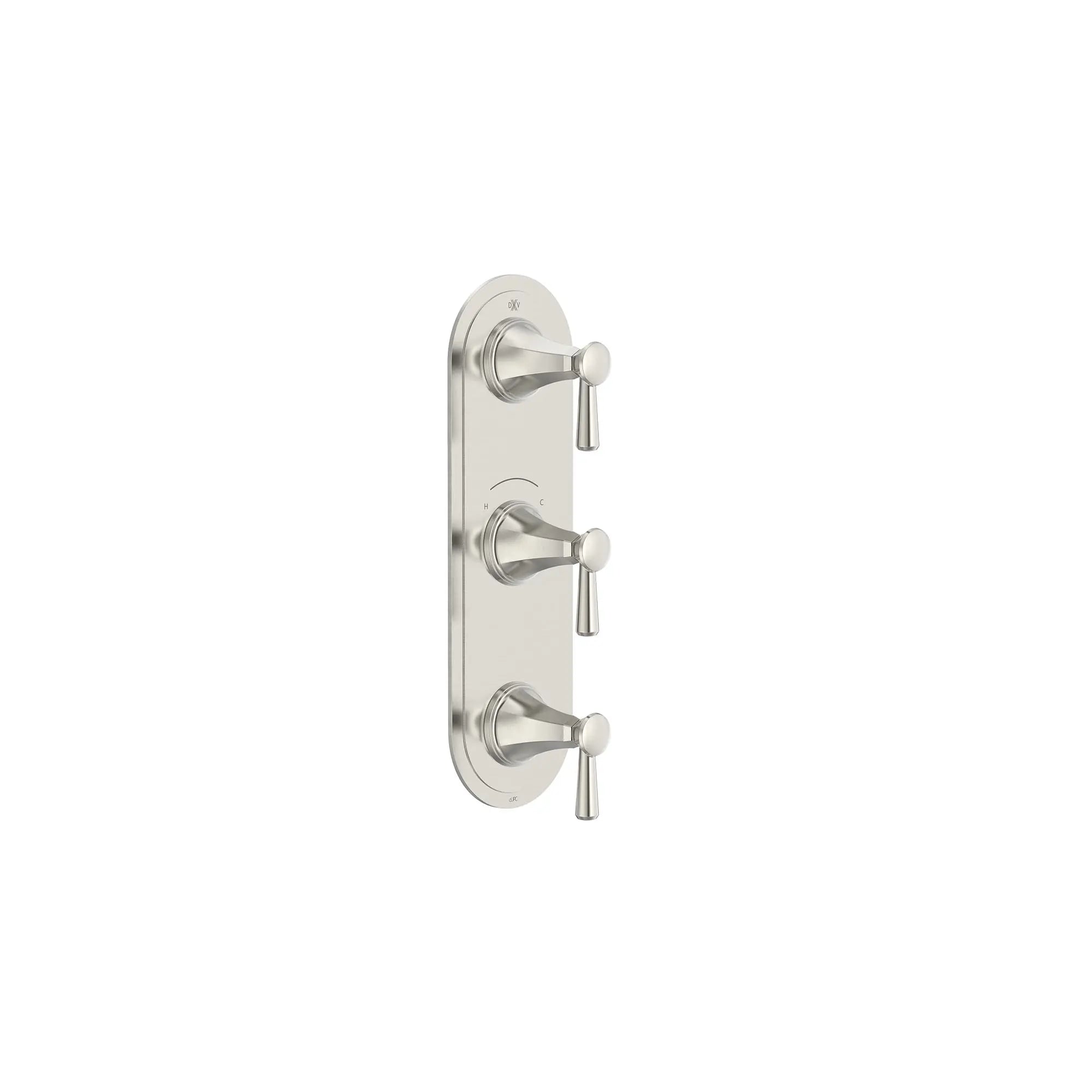 Garniture pour robinet thermostatique à trois poignées Fitzgerald avec poignées à levier // NICKEL BROSSÉ // 159660_Fitzgerald_SiloRight_D35160537.144_0001_Apr2023_CDNwebp.webp