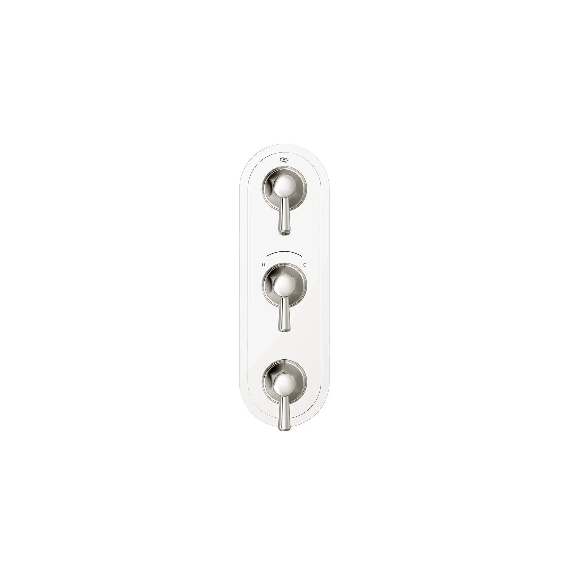 Garniture pour robinet thermostatique à trois poignées Fitzgerald avec poignées à levier // PLATINUM NICKEL // 159661_Fitzgerald_SiloFront_D35160537.150_0001_Apr2023_CDNwebp.webp