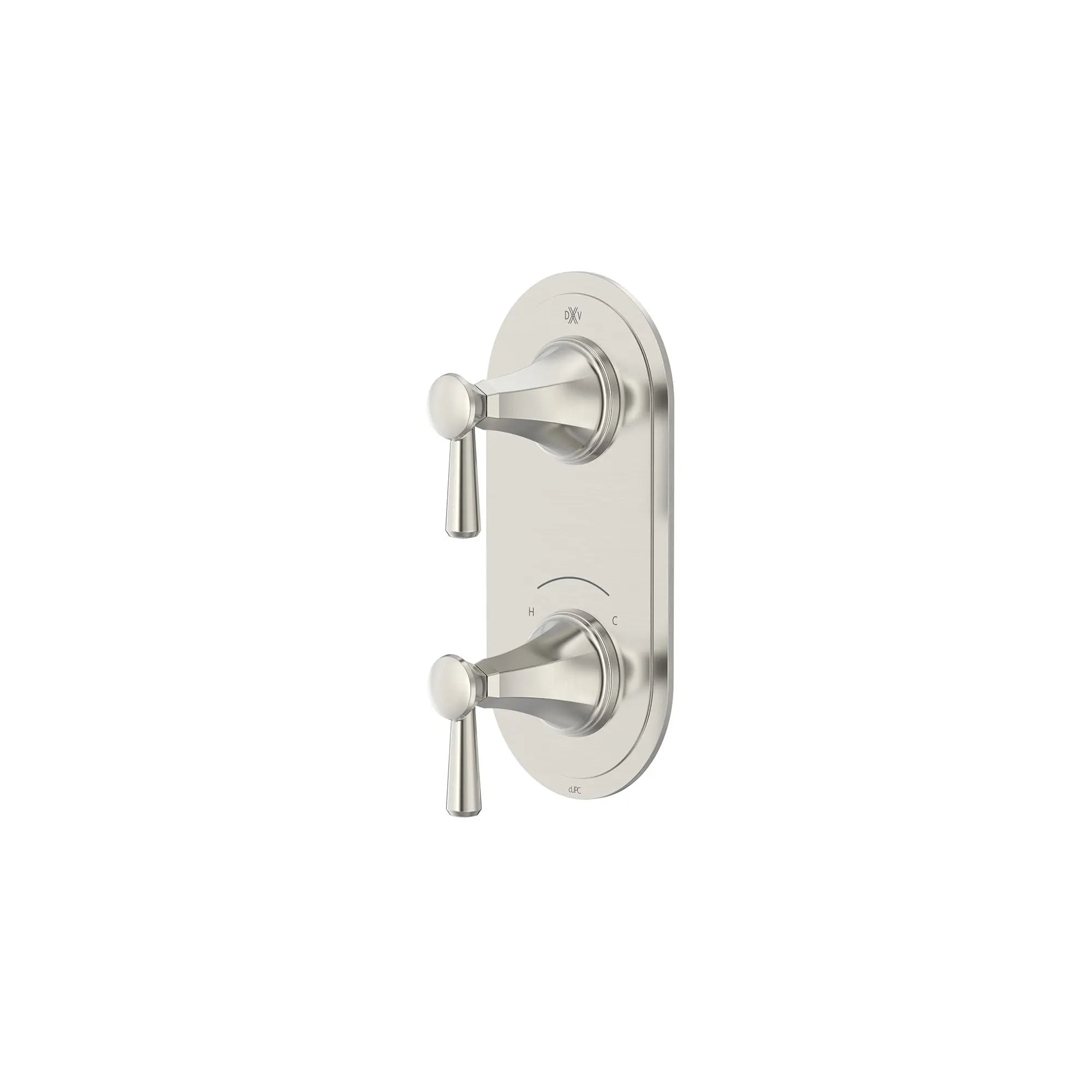 Garniture pour robinet thermostatique à deux poignées Fitzgerald avec poignées à levier // NICKEL BROSSÉ // 159665_Fitzgerald_SiloLeft_D35160527.144_0001_Apr2023_CDNwebp.webp
