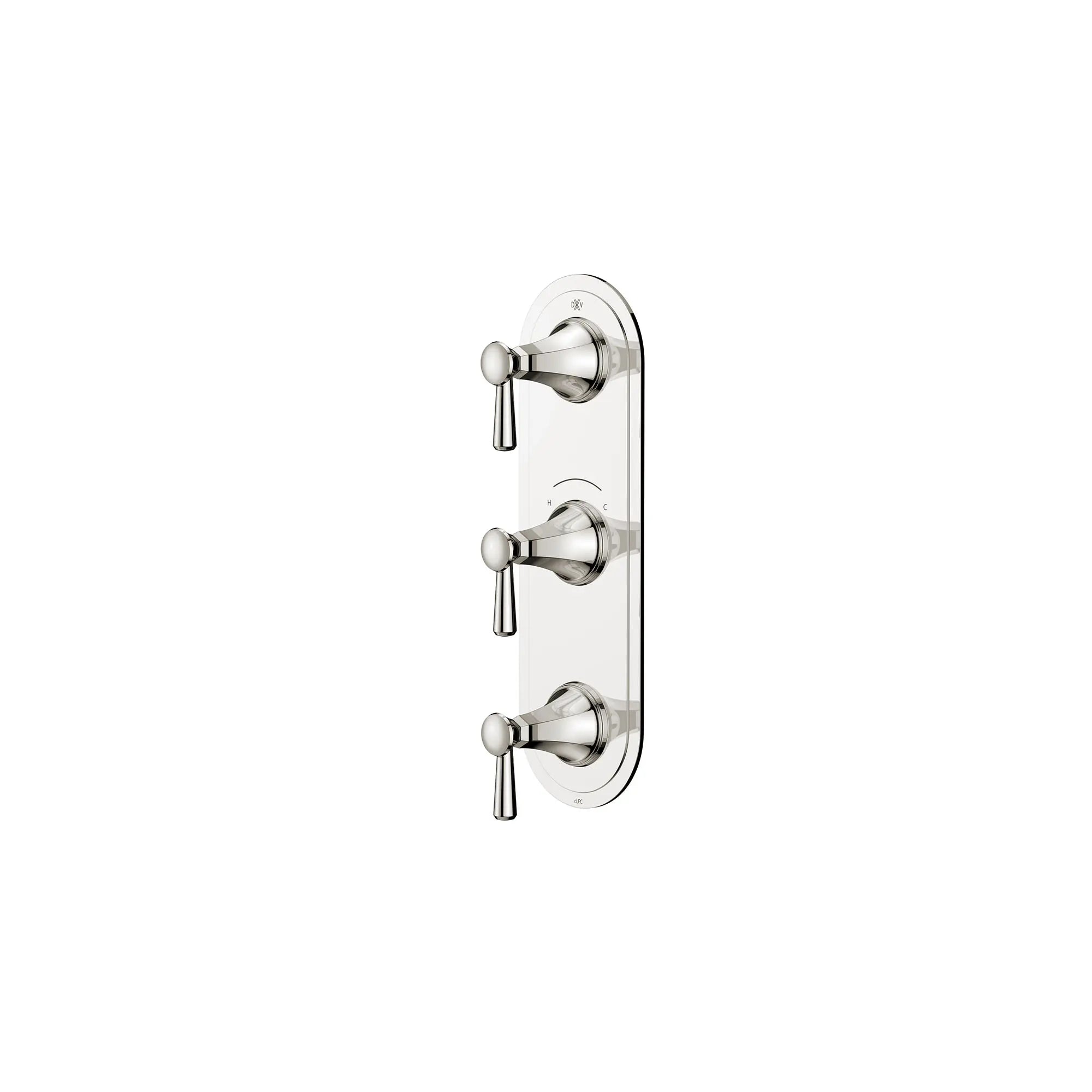 Garniture pour robinet thermostatique à trois poignées Fitzgerald avec poignées à levier // PLATINUM NICKEL // 159667_Fitzgerald_SiloLeft_D35160537.150_0001_Apr2023_CDNwebp.webp