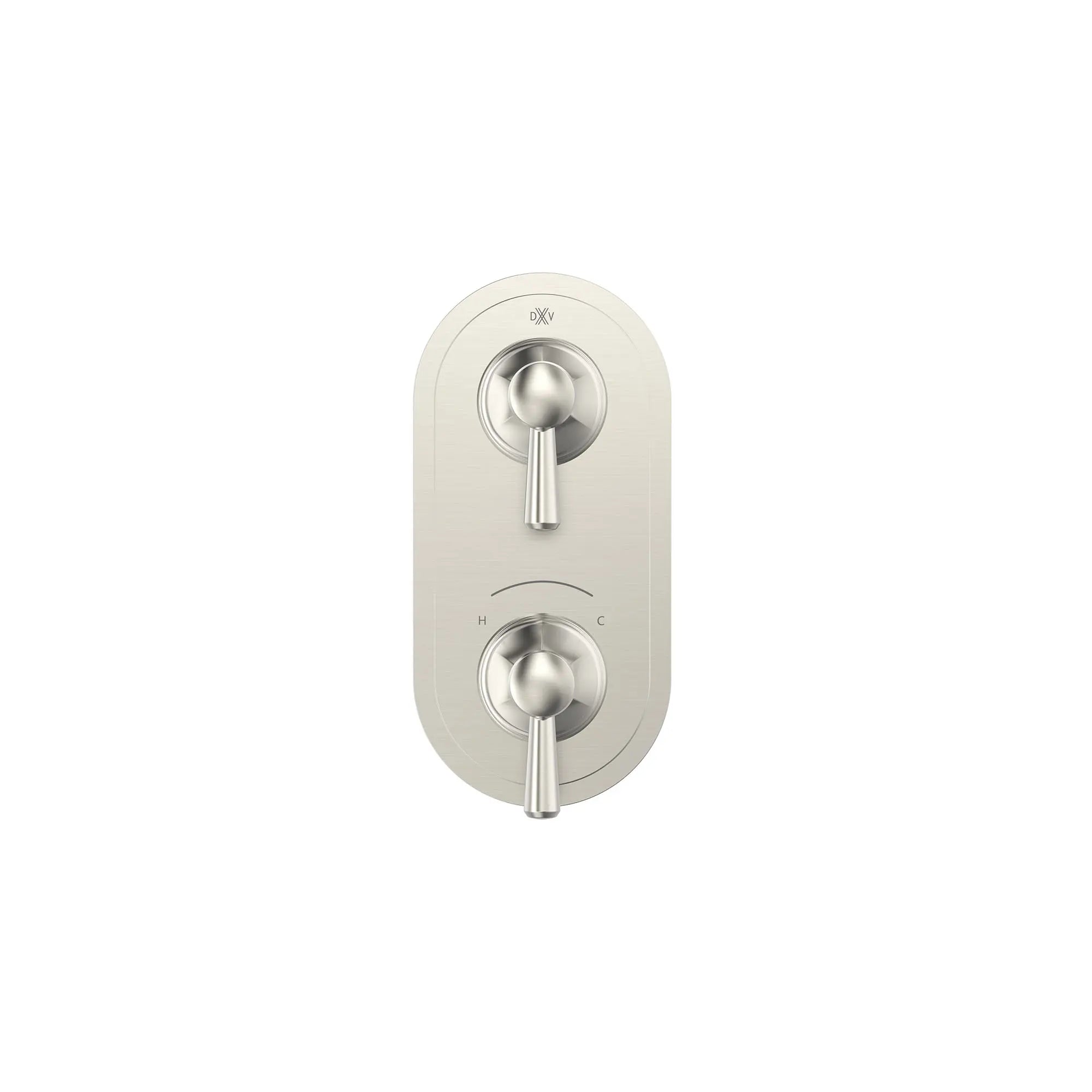 Garniture pour robinet thermostatique à deux poignées Fitzgerald avec poignées à levier // NICKEL BROSSÉ // 159669_Fitzgerald_SiloFront_D35160527.144_0001_Apr2023_CDNwebp.webp