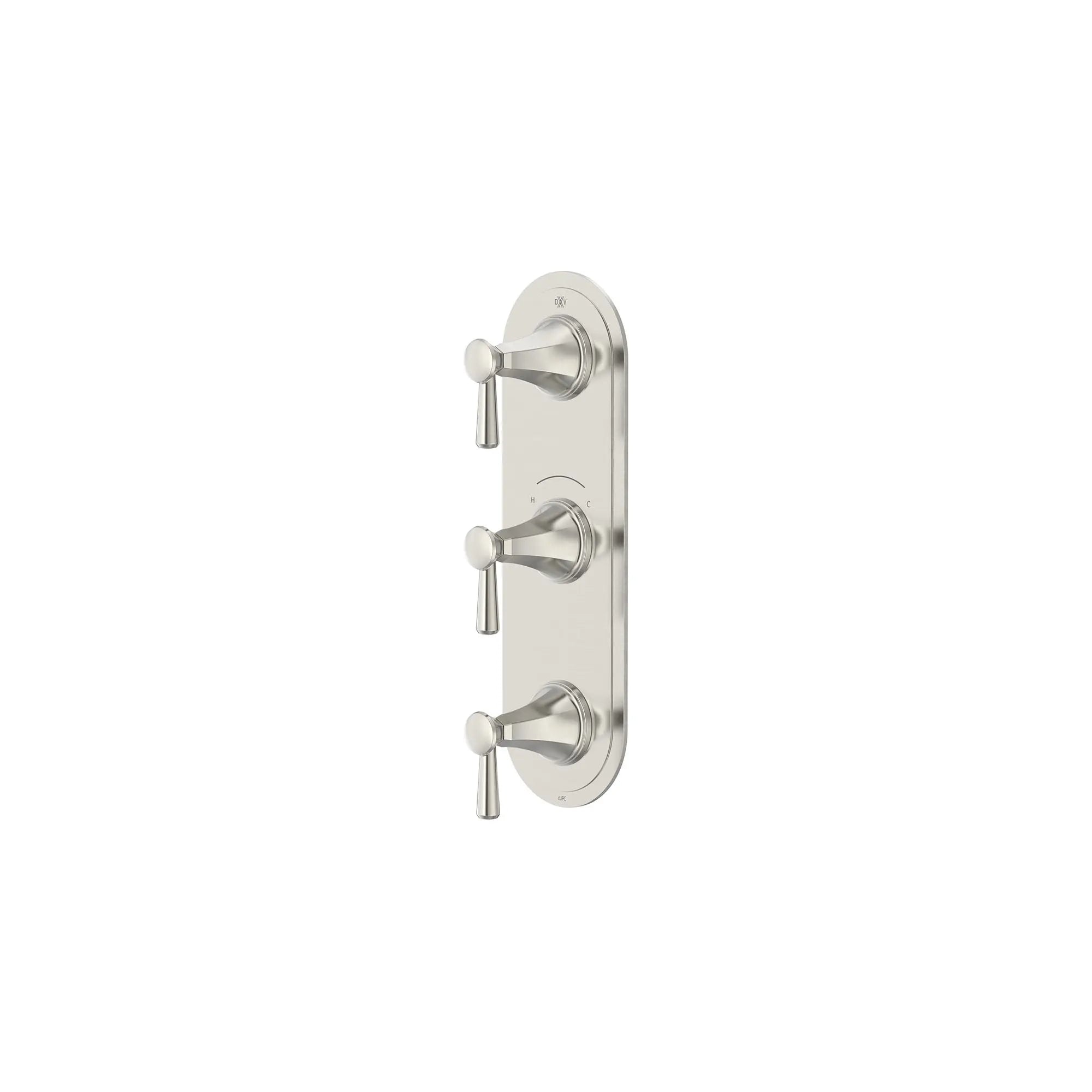 Garniture pour robinet thermostatique à trois poignées Fitzgerald avec poignées à levier // NICKEL BROSSÉ // 159670_Fitzgerald_SiloLeft_D35160537.144_0001_Apr2023_CDNwebp.webp