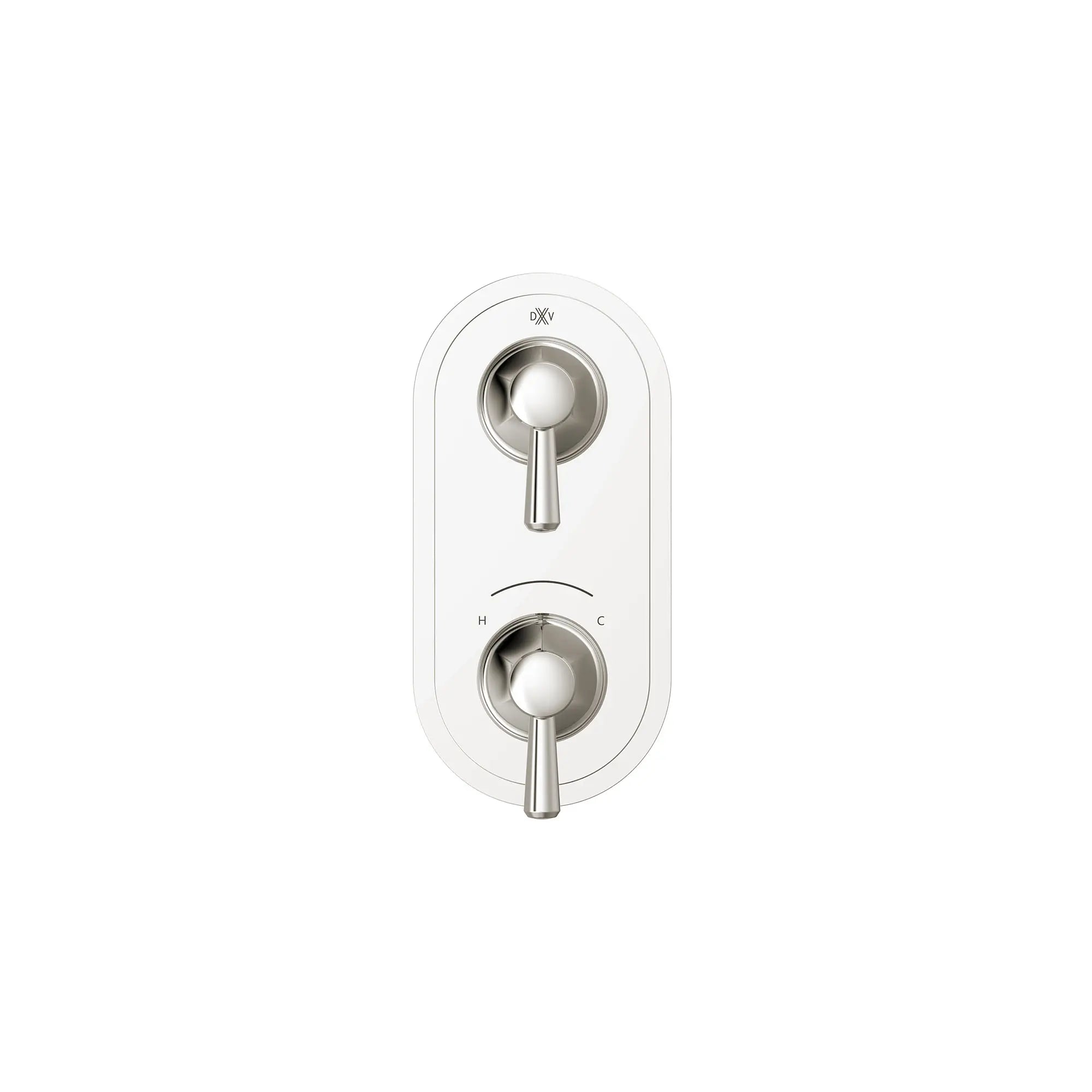 Garniture pour robinet thermostatique à deux poignées Fitzgerald avec poignées à levier // PLATINUM NICKEL // 159671_Fitzgerald_SiloFront_D35160527.150_0001_Apr2023_CDNwebp.webp
