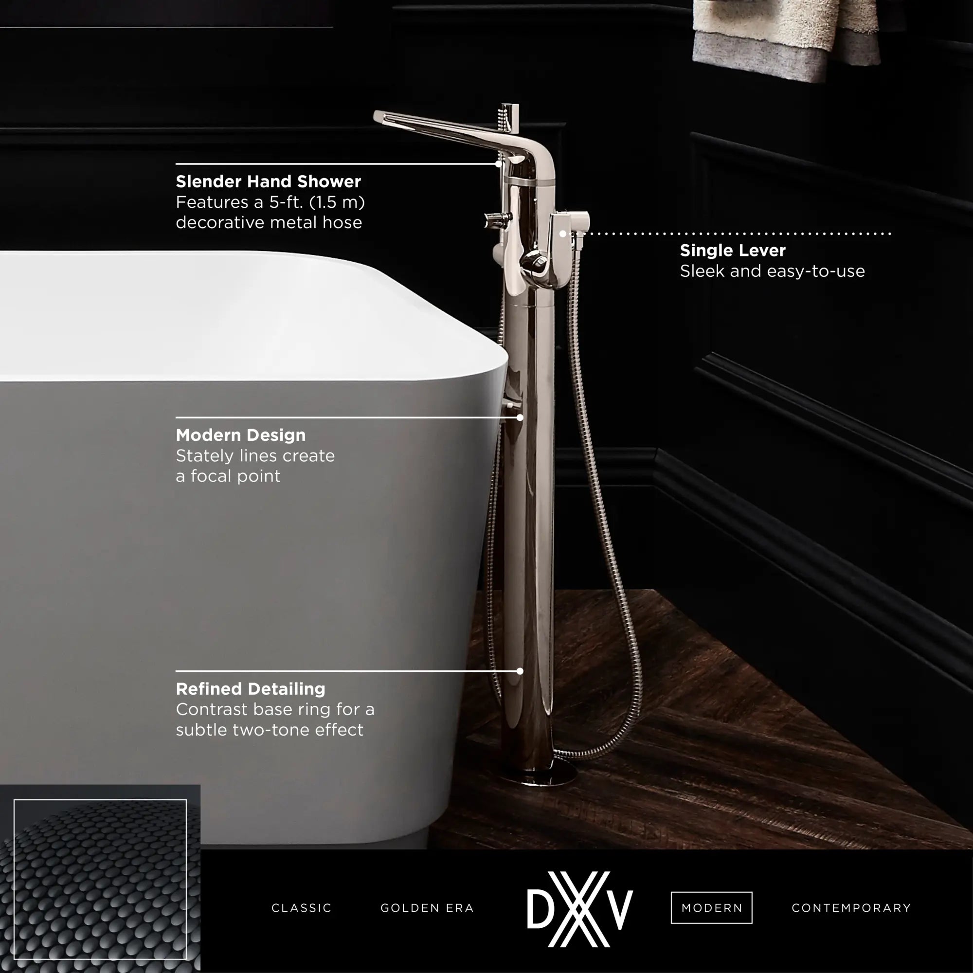 Robinet de bain à installation au plancher DXV Modulus avec à douchette et poignées à levier // NOIR MAT // 159682_DXV_Modulus_Floor_Mount_Tub_Filler_D35120951_1_CDNwebp.webp