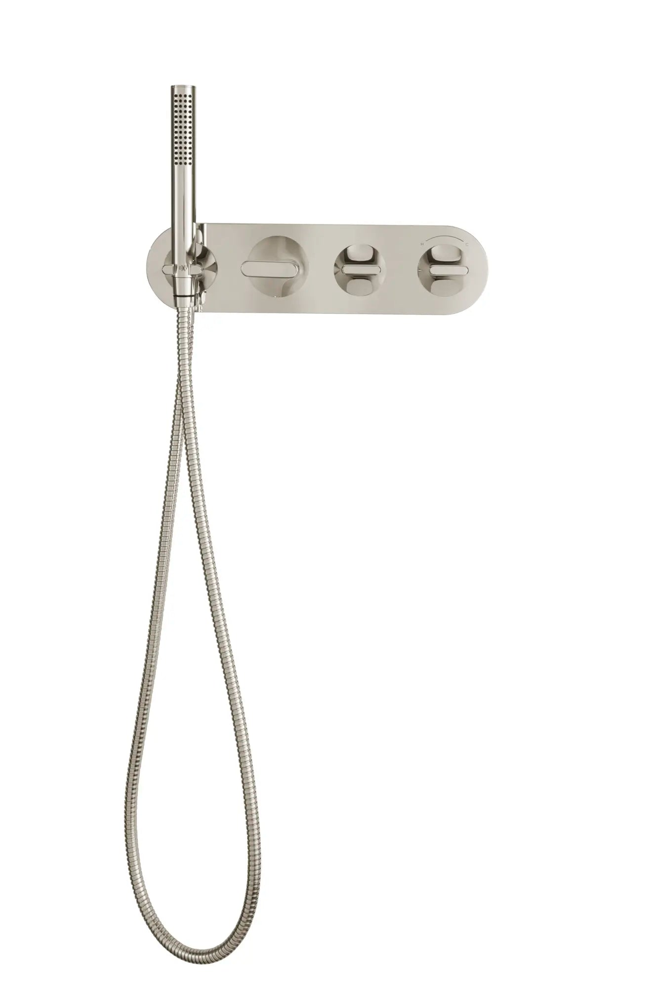 Robinet de bain mural à 2 poignées DXV Modulus avec à douchette // PLATINUM NICKEL // 159765_D35120981150_0_CDNwebp.webp