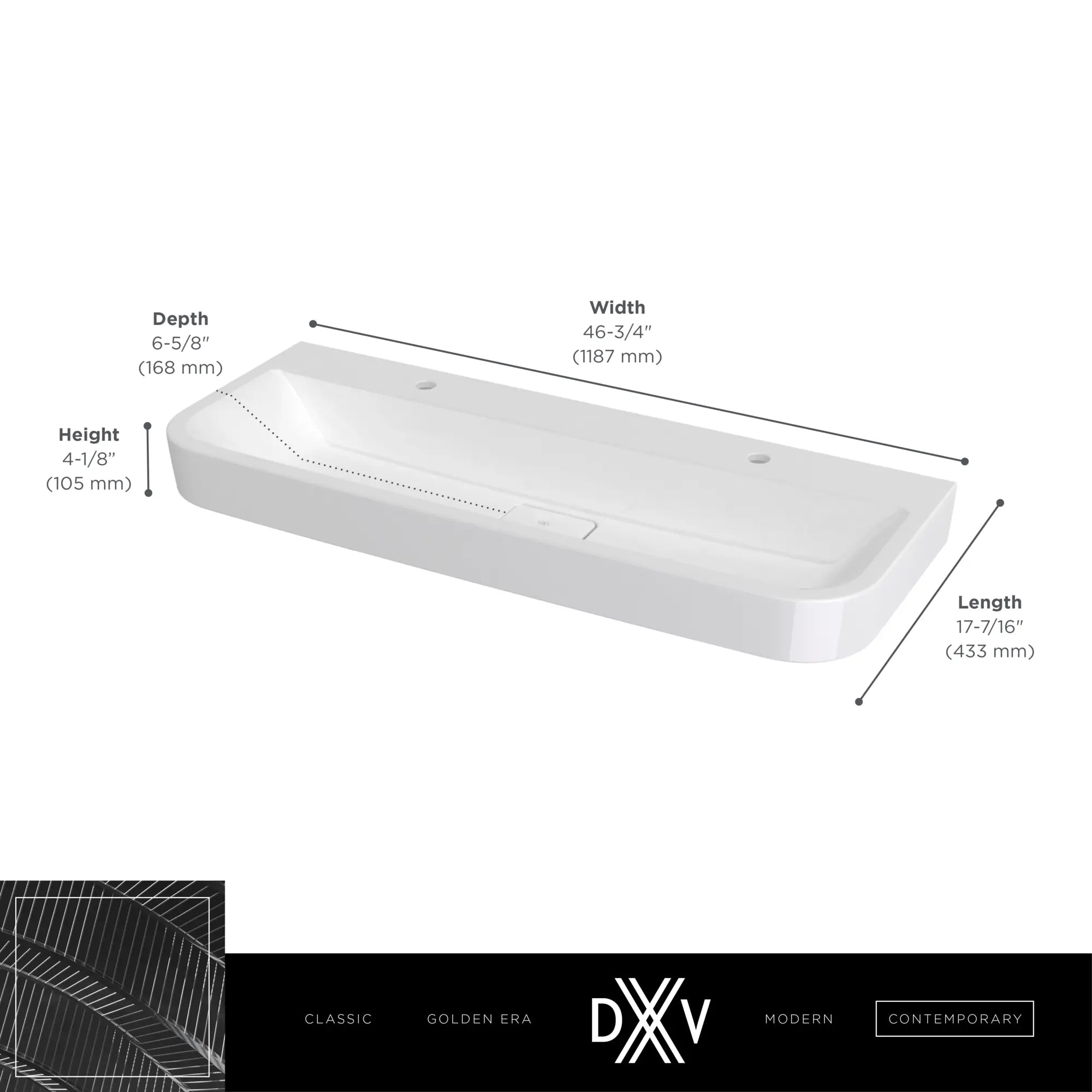 Lavabo-rigole murale de 47 po Equility - deux trous simples // CANVAS WHITE // 186031_Equility_Infographic_D20077002_0002_SEPT2023_CDNwebp.webp