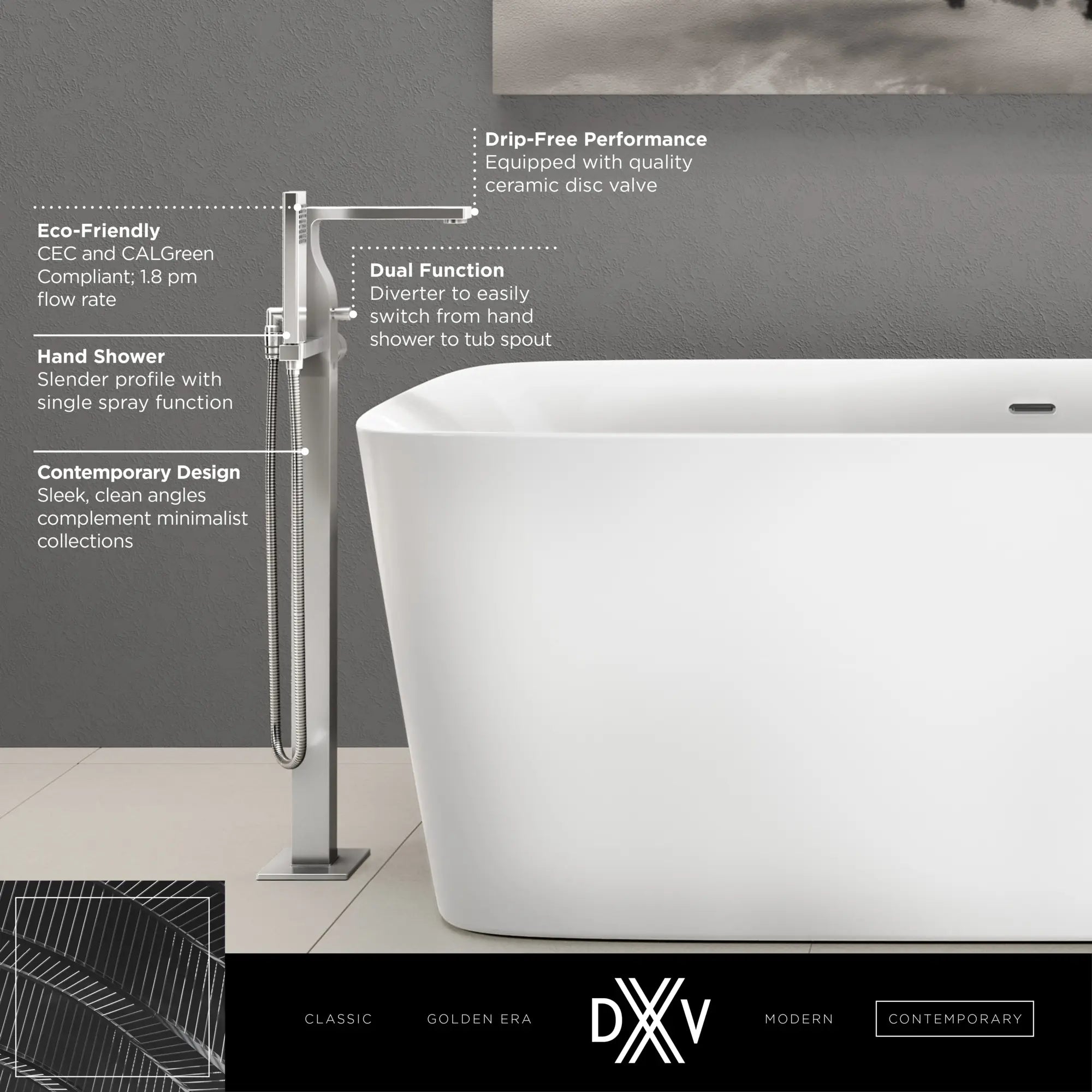 Robinet de bain à installation au plancher Carré avec à douchette et poignée à levier // CHROME POLI // 186072_Equility_Infographic_D3590090C_0001_SEPT2023_CDNwebp.webp