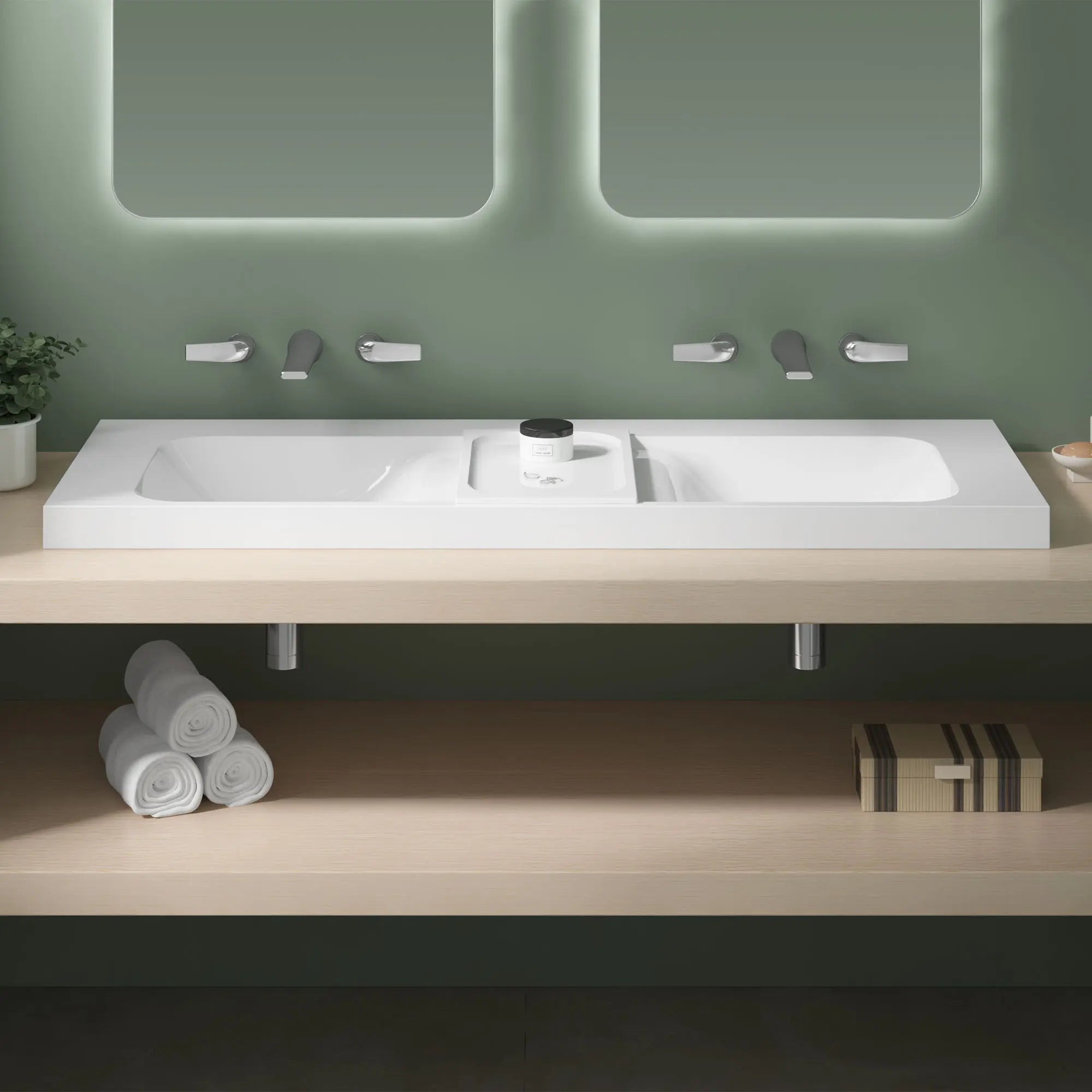 Lavabo double de 55 po DXV Modulus - sans trou  // CANVAS WHITE // 46887_1617955647-DXV_POP_Empty_CloseUp_B-D35120450_D21060055_D19060000_D35700030_0_CDNwebp.webp
