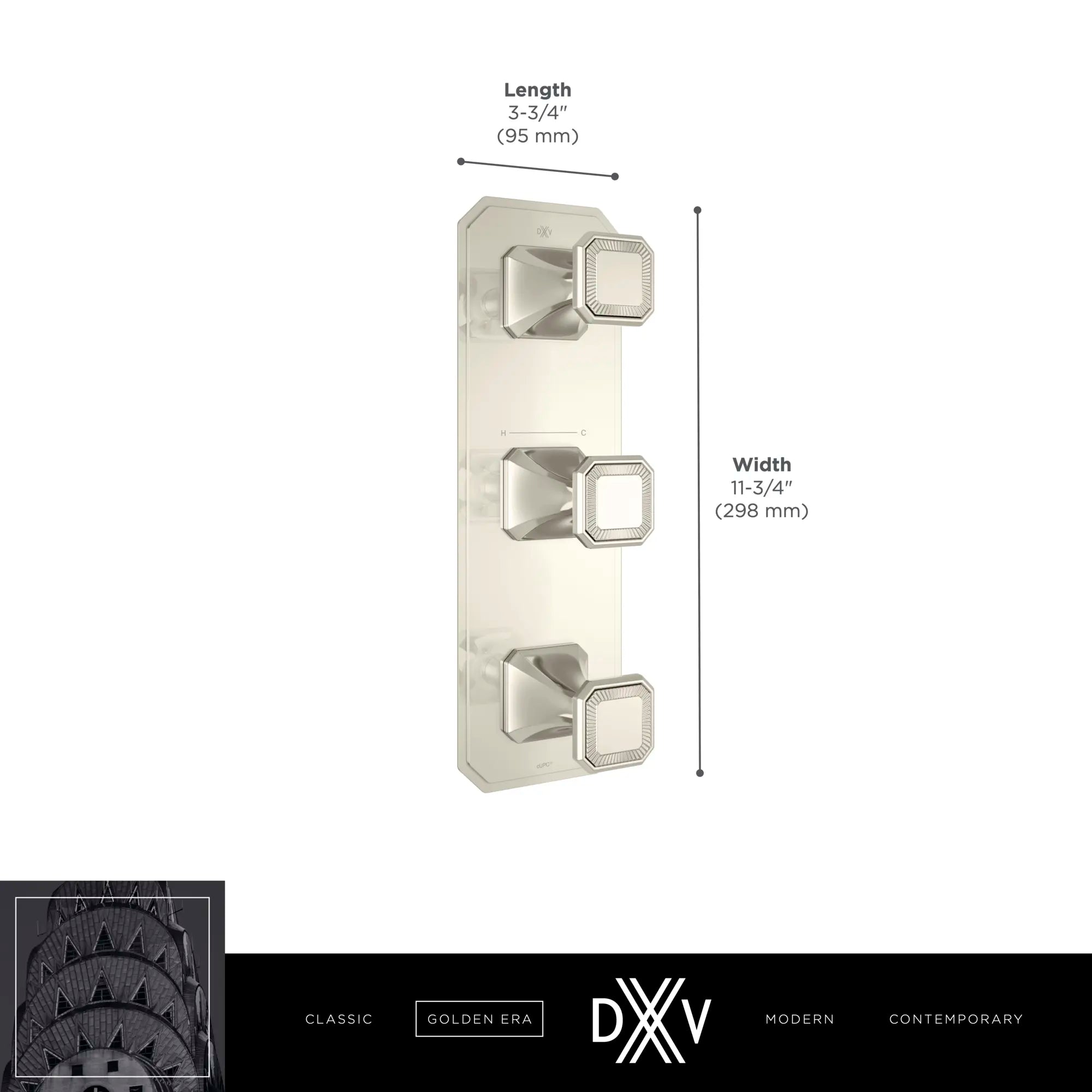 Garniture pour robinet thermostatique à trois poignées Belshire avec poignées pleines // CHROME POLI // 68283_2020_DXV_3_Handle_Thermo_Slim_Valve_D35170539_1_CDNwebp.webp