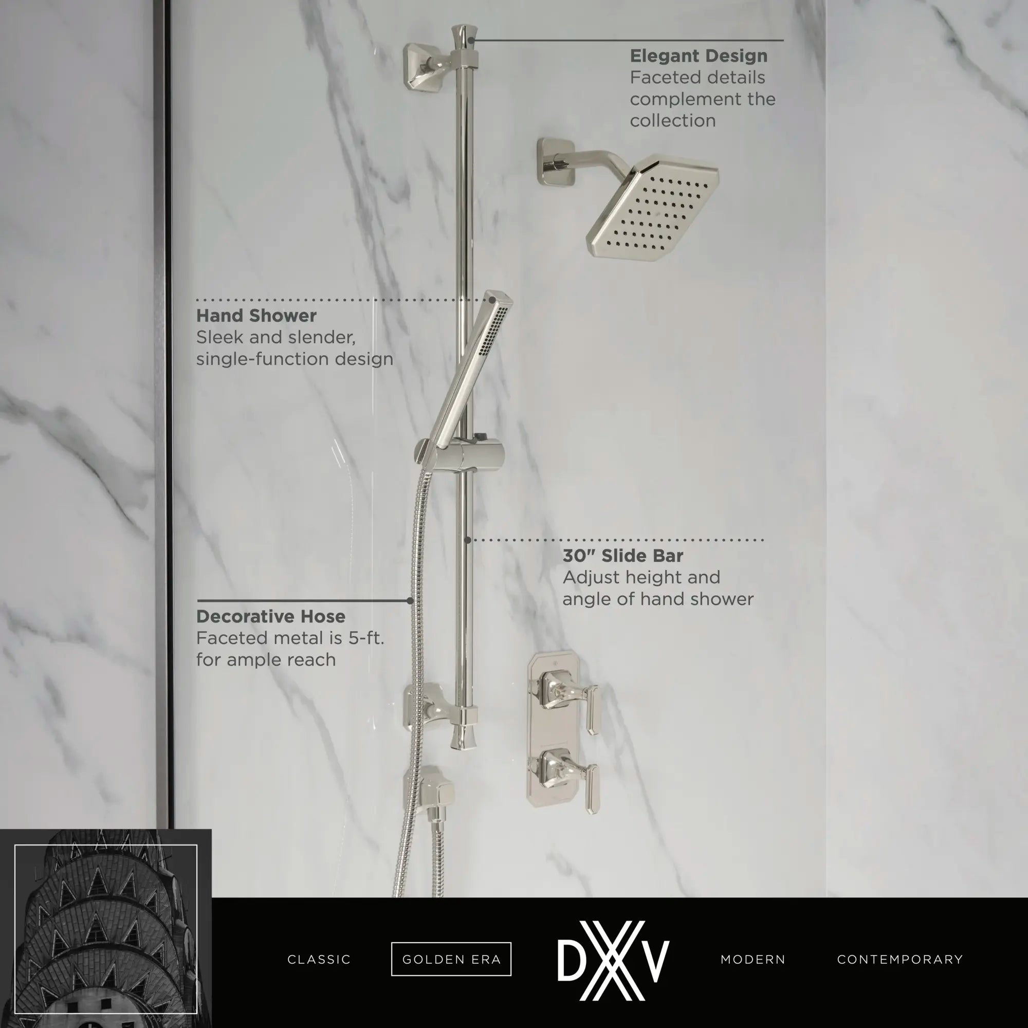 Douchette avec barre murale réglable en hauteur Belshire // CHROME POLI // 68290_2020_DXV_Shower_Set_D35170780_1_CDNwebp_2d0bce6e-1ead-4623-a16e-05e41d9c509e.webp