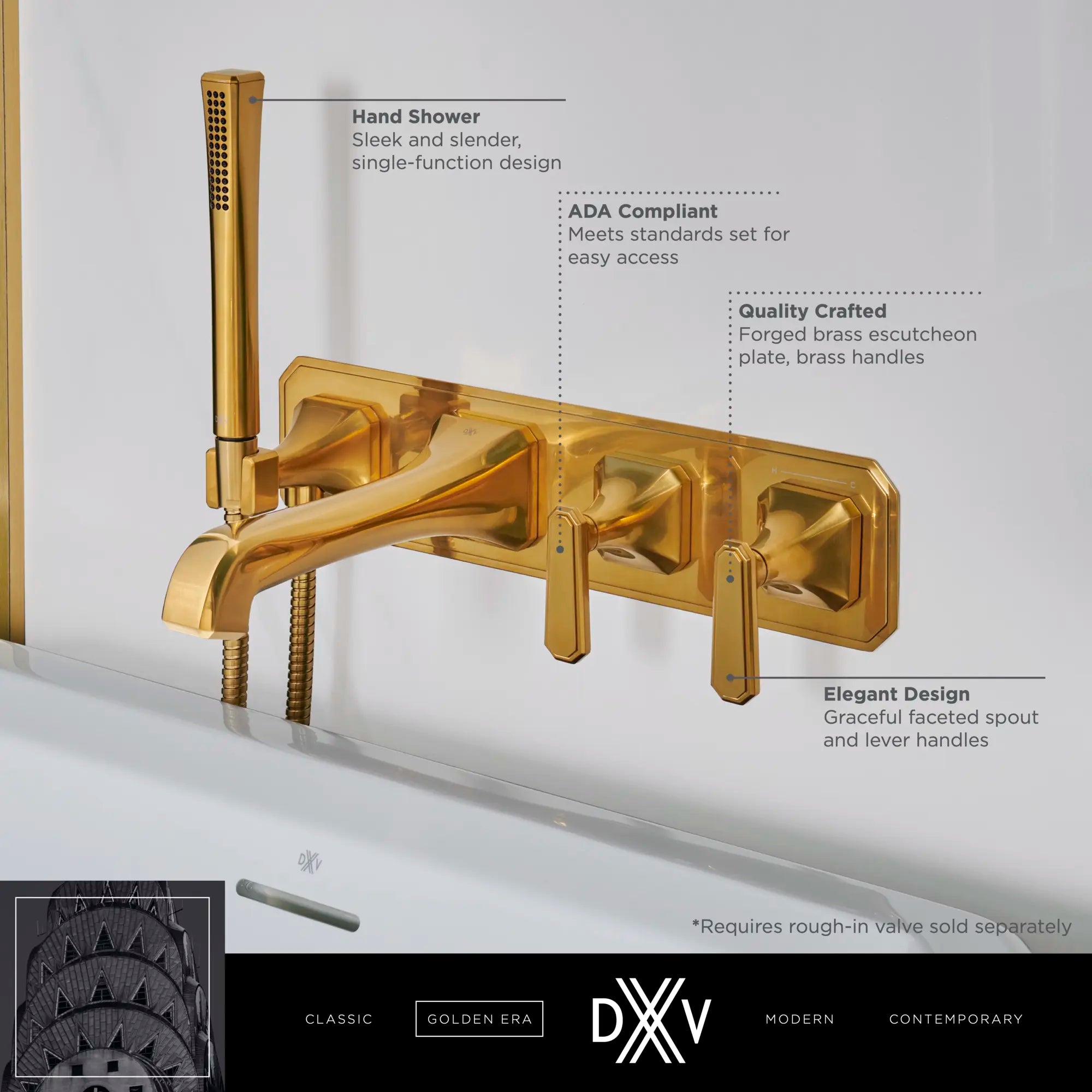 Robinet de bain mural Belshire avec poignées à levier // CHROME POLI // 68302_2020_DXV_Wall_Mount_Tub_Filler_D35170980_1_0_CDNwebp.webp