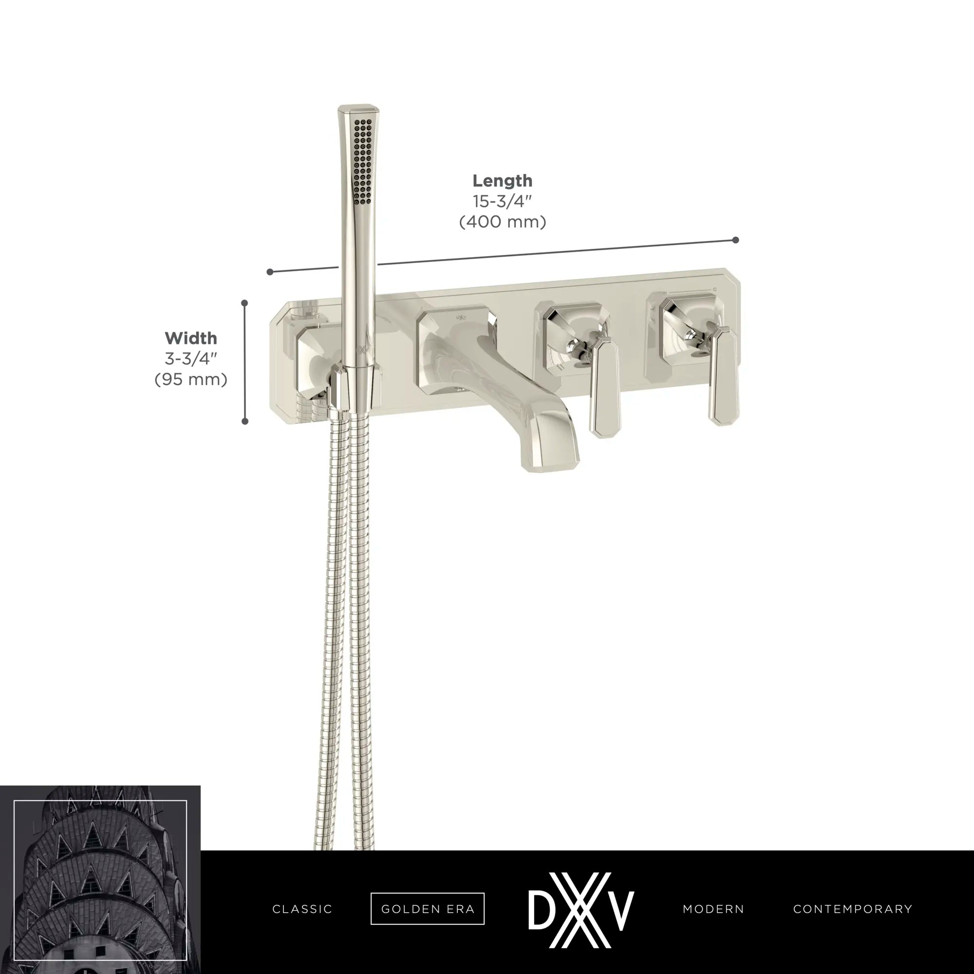 Robinet de bain mural Belshire avec poignées à levier // CHROME POLI // 68303_2020_DXV_Wall_Mount_Tub_Filler_D35170980_2_CDNwebp.webp