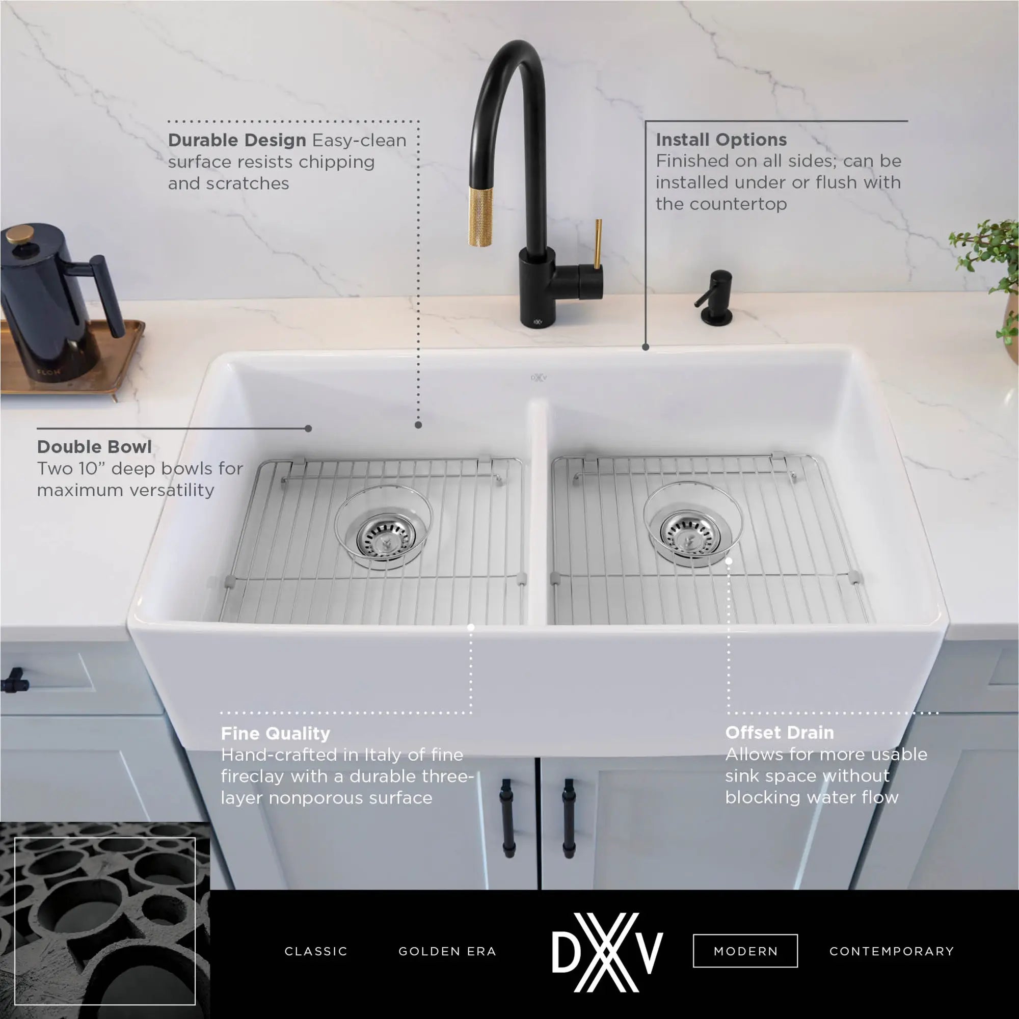 Évier de cuisine à tablier à cuvette double de 36 po Etre // 36 X 20 IN / DOUBLE BOWL / CANVAS WHITE // 68305_DXV_Etre_Double_Bowl_36x20_Kitchen_Sink_D21180DB3620_Info_1_0_CDNwebp.webp