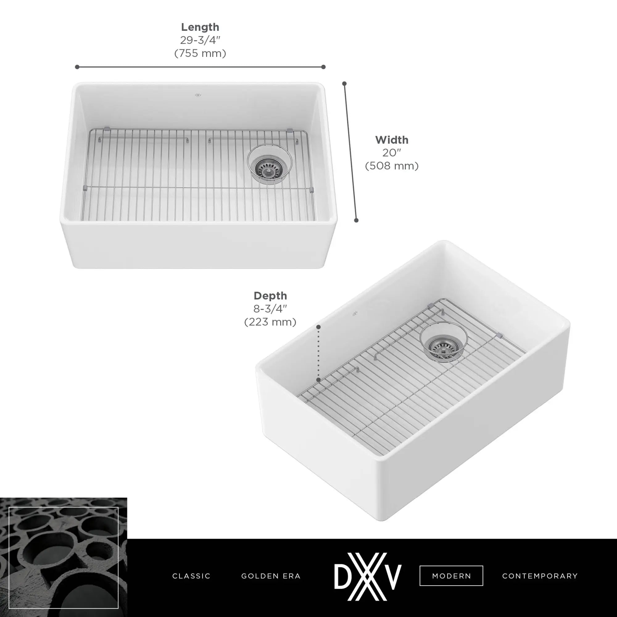 Évier de cuisine à tablier de 30 po Etre // 30 X 20 IN / SINGLE BOWL / CANVAS WHITE // 68310_DXV_Etre_Single_Bowl_30x20_Kitchen_Sink_D21180SB3020_Info_1_CDNwebp.webp