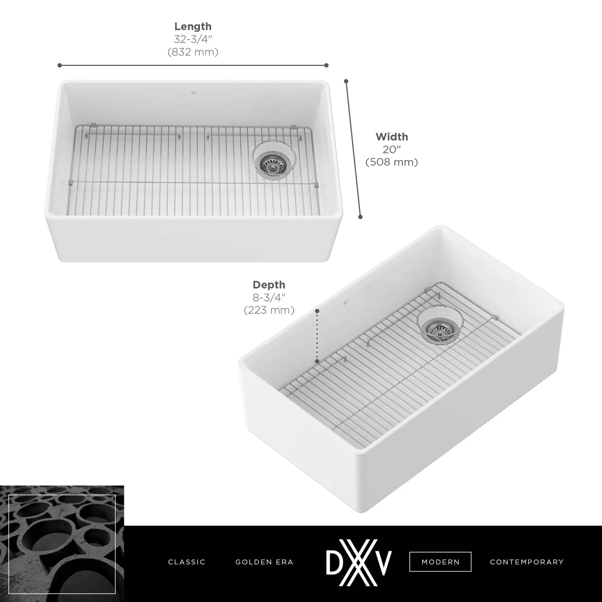 Évier de cuisine à tablier de 33 po Etre // 33 X 20 IN / SINGLE BOWL / CANVAS WHITE // 68313_DXV_Etre_Single_Bowl_33x20_Kitchen_Sink_D21180SB3320_Info_1_CDNwebp.webp