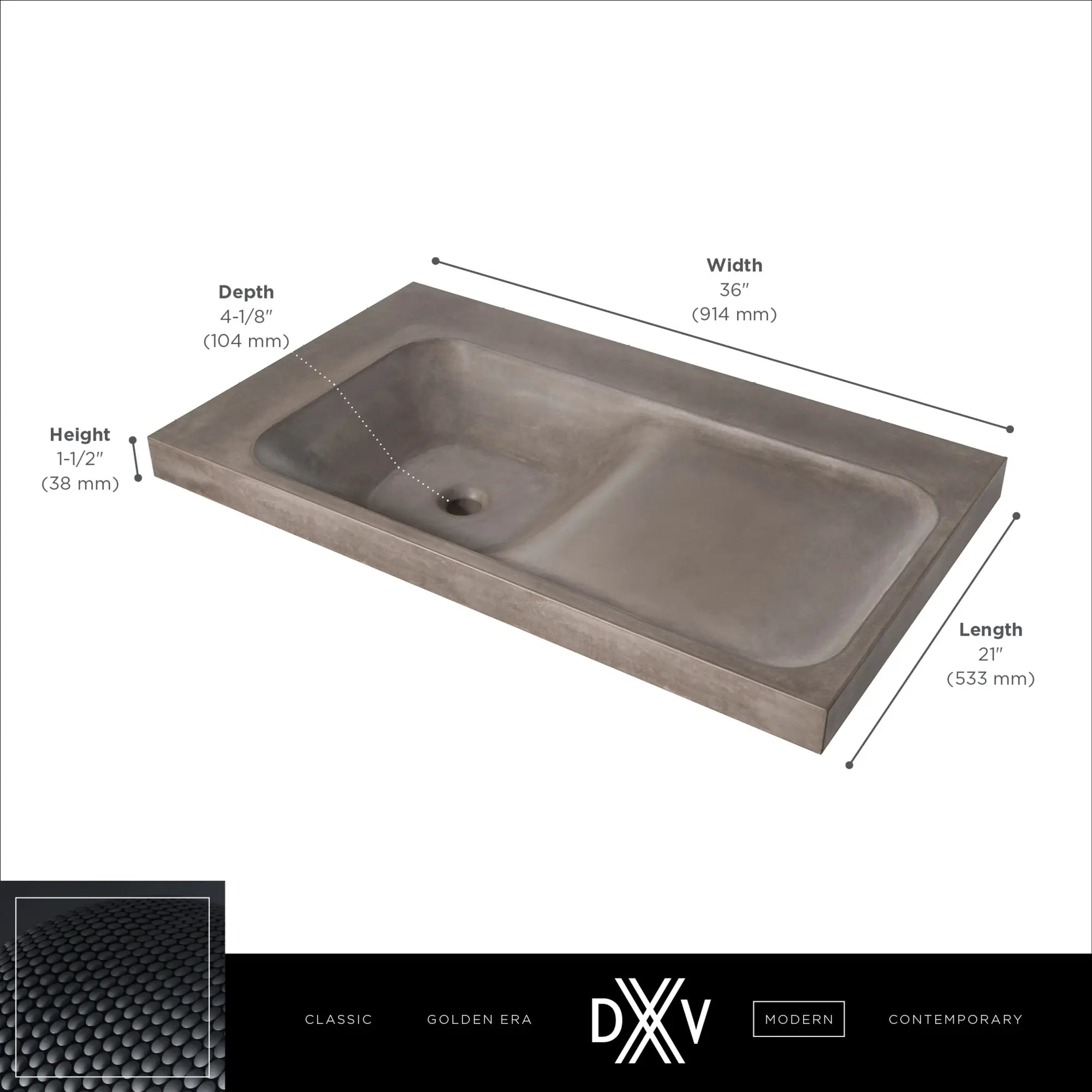 Lavabo de 36 po DXV Modulus - sans trou, G (sur la gauche) // CANVAS WHITE // 68325_DXV_Modulus_Concrete_Lav_Sink_D21050036LH_Info_CDNwebp.webp
