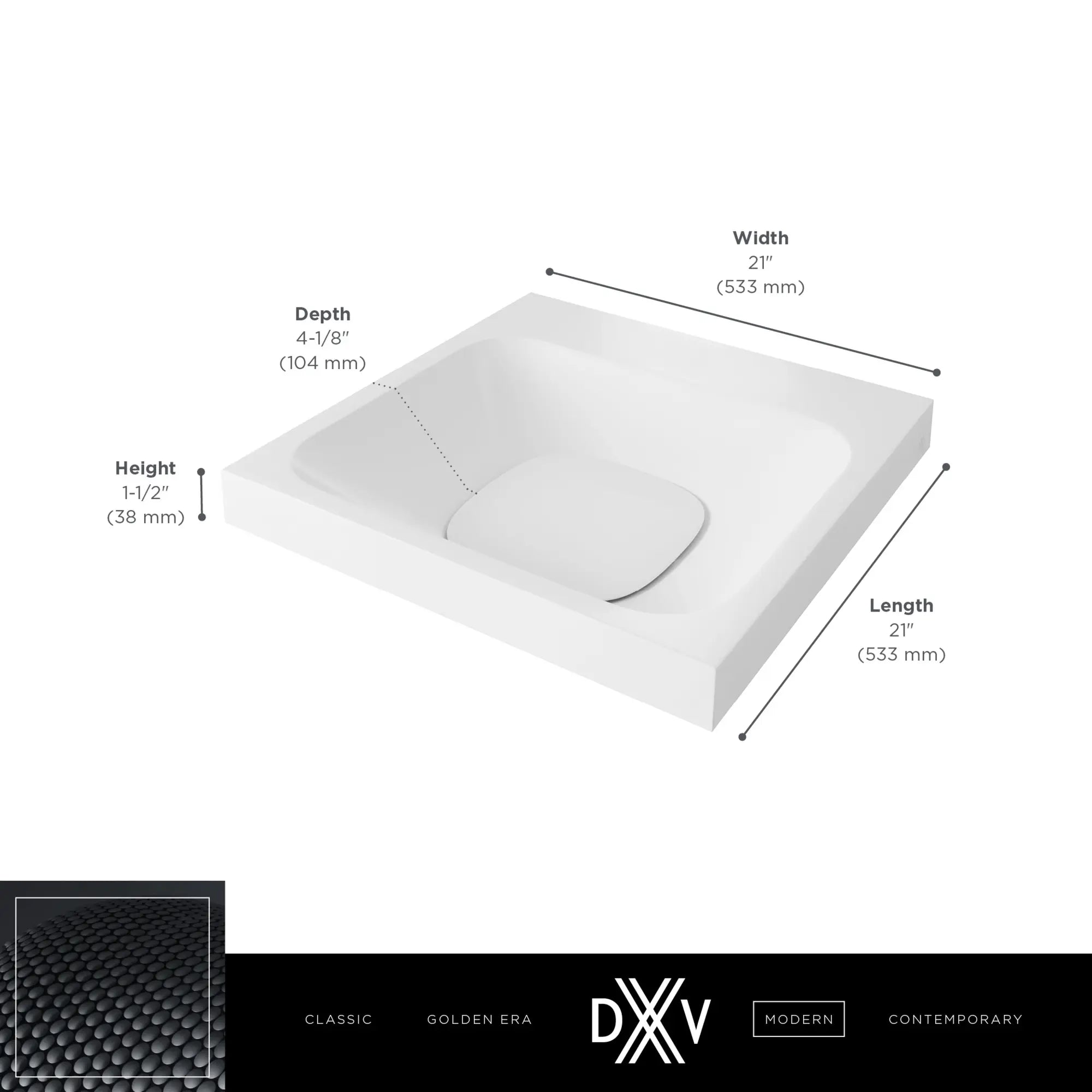 Lavabo de 21 po DXV Modulus - sans trous // CANVAS WHITE // 68338_DXV_Modulus_No_Hole_21_Lav_Sink_D21040021_Info_2_CDNwebp.webp