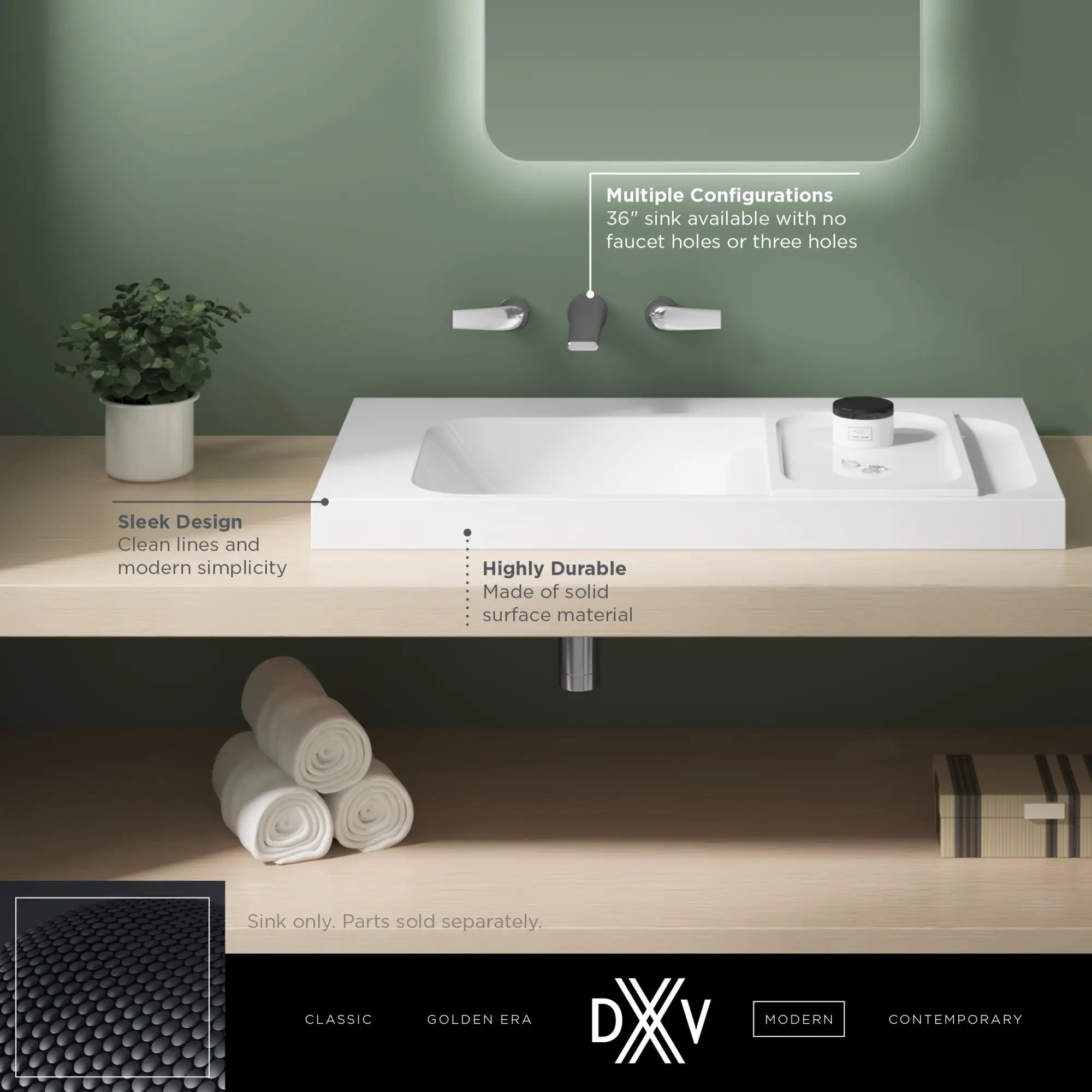 Lavabo en béton de 36 po DXV Modulus - sans trou, G (sur la gauche) // SMOKE CONCRETE // 68341_DXV_Modulus_No_Hole_36_Lav_Sink_D21045036LH_Info_1_0_CDNwebp.webp