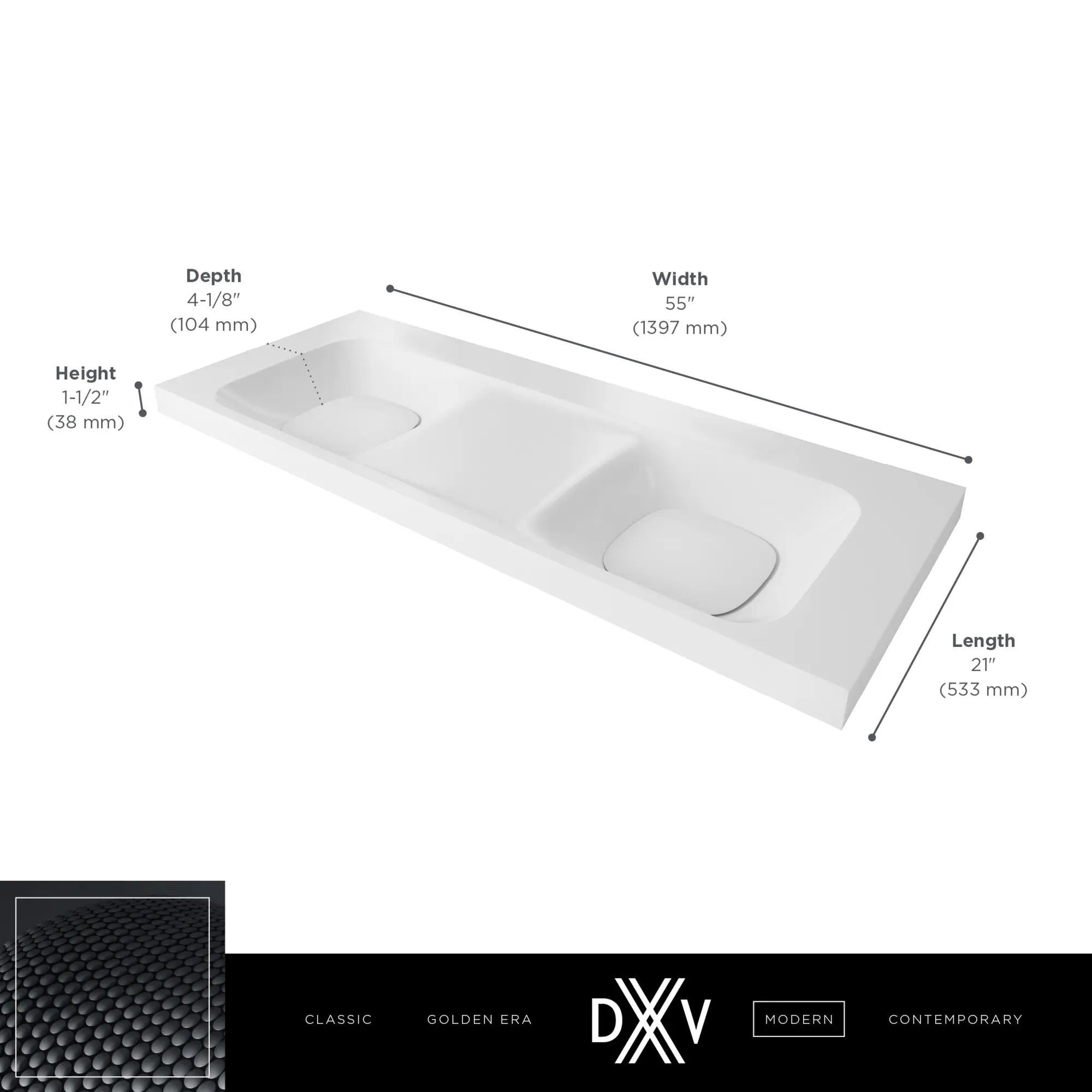 Lavabo double de 55 po DXV Modulus - sans trou  // CANVAS WHITE // 68344_DXV_Modulus_No_Hole_55_Lav_Sink_D21060055_Info_2_CDNwebp.webp