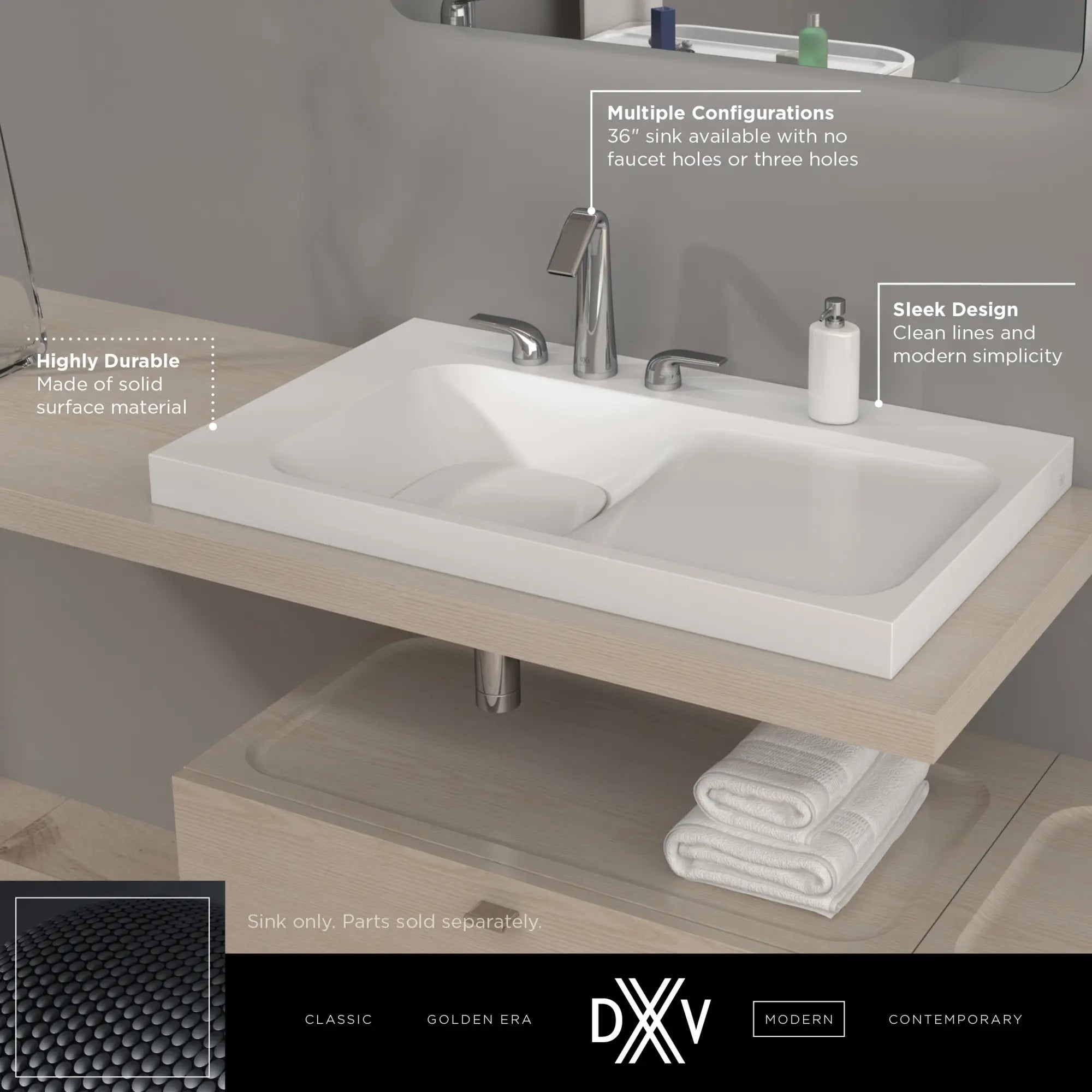 Lavabo en béton de 36 po DXV Modulus - trois trous, G (sur la gauche) // SMOKE CONCRETE // 68352_DXV_Modulus_Three_Hole_36_Lav_Sink_D21045036LH08_Info_1_CDNwebp.webp