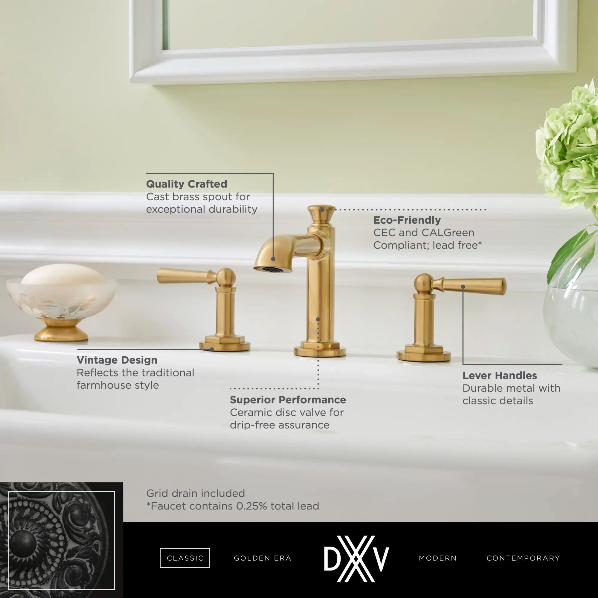 Robinet de lavabo espacé à 2 poignées Oak Hill avec poignées à levier // CHROME POLI // 68372_DXV_Oak_Hill_High_Spout_Faucets_D35155800_Infographic_1_CDNwebp.webp