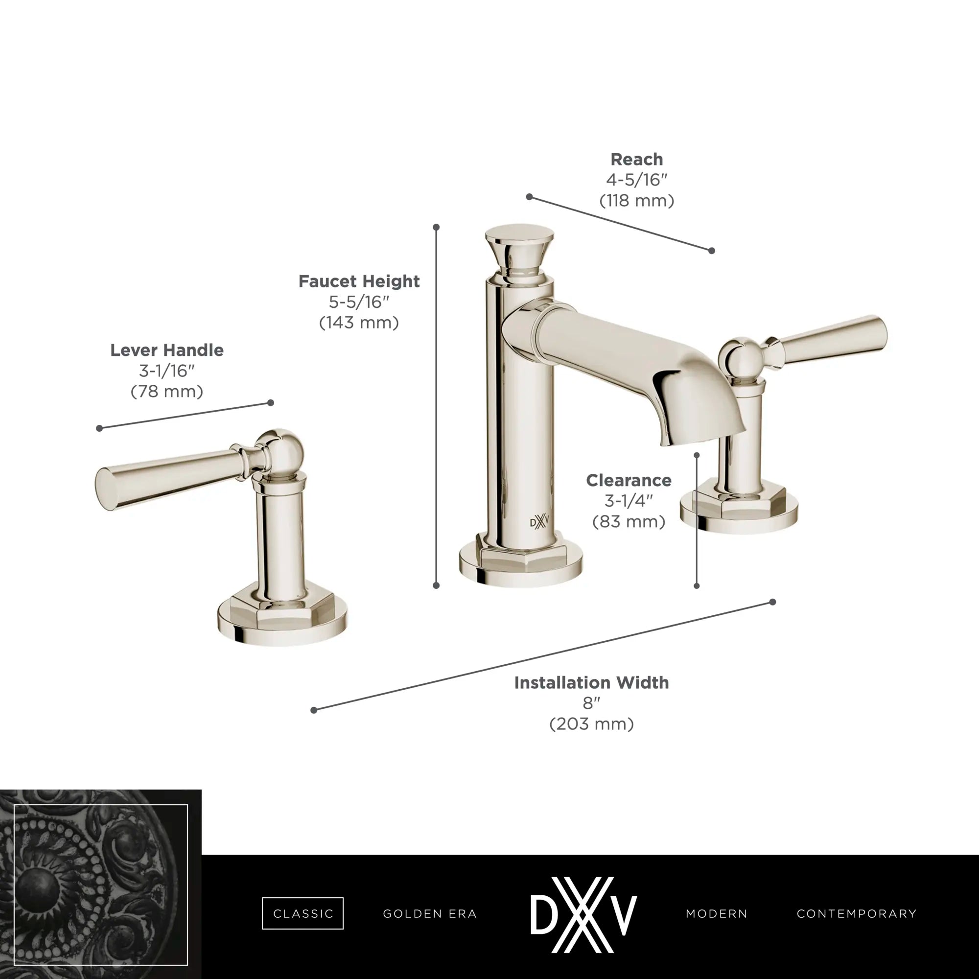 Robinet de lavabo espacé à 2 poignées Oak Hill avec poignées à levier // CHROME POLI // 68373_DXV_Oak_Hill_High_Spout_Faucets_D35155800_Infographic_2_CDNwebp.webp
