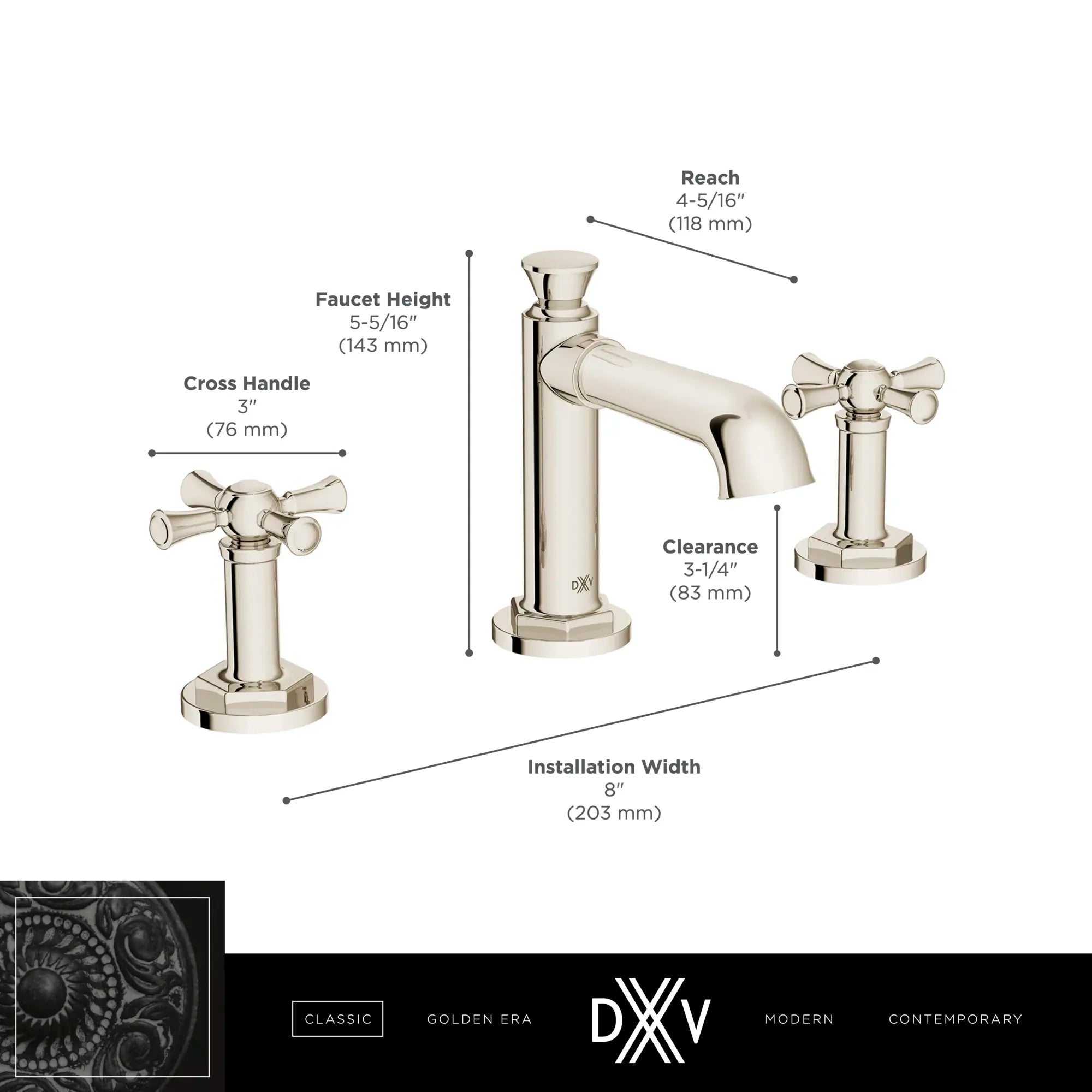 Robinet de lavabo espacé à 2 poignées Oak Hill avec poignées en croix // CHROME POLI // 68375_DXV_Oak_Hill_High_Spout_Faucets_D35155840_Infographic_2_CDNwebp.webp