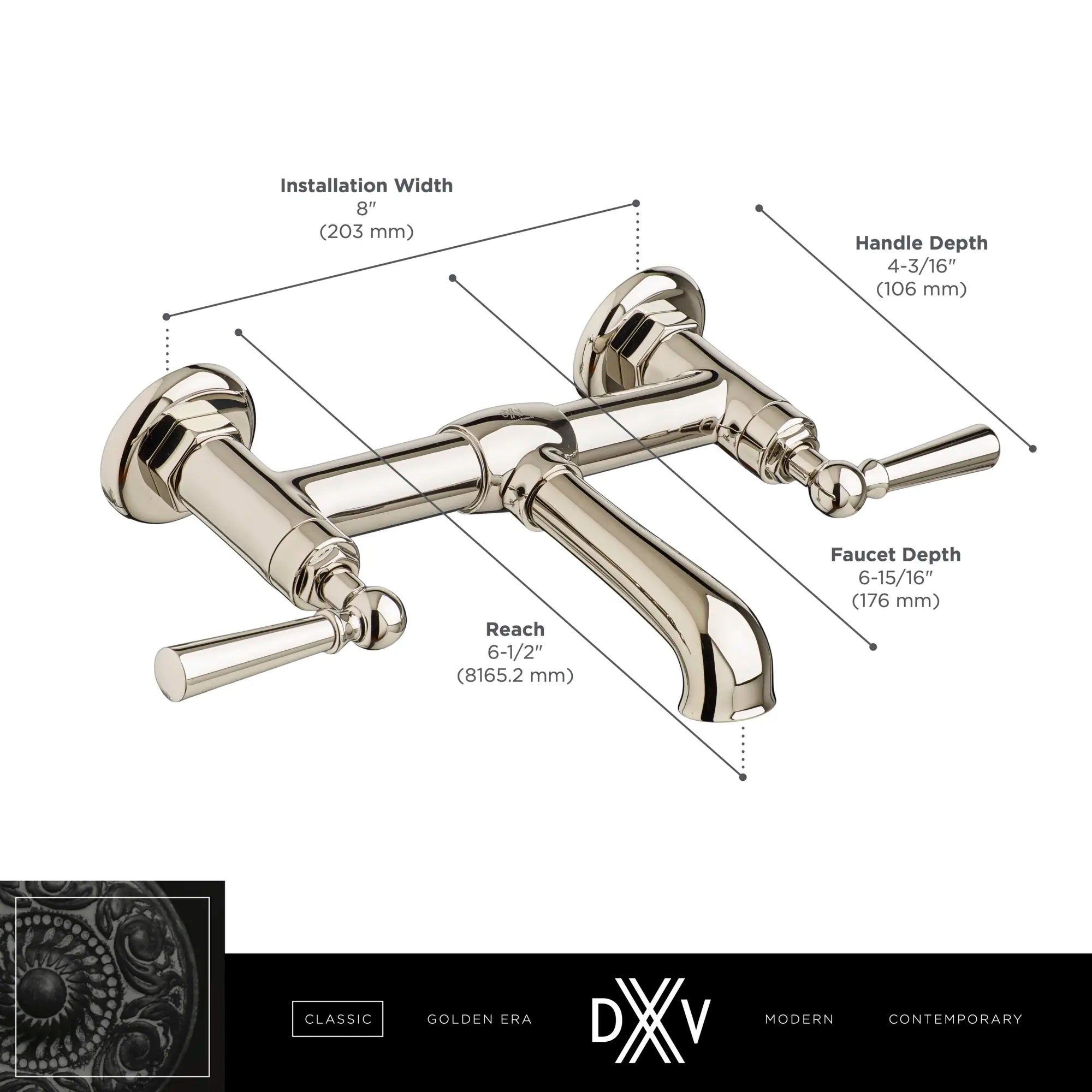 Robinet mural de lavabo espacé à 2 poignées Oak Hill avec poignées à levier // CHROME POLI // 68379_DXV_Oak_Hill_Wall_Mount_Faucets_D3515545C_Infographic_2_CDNwebp.webp