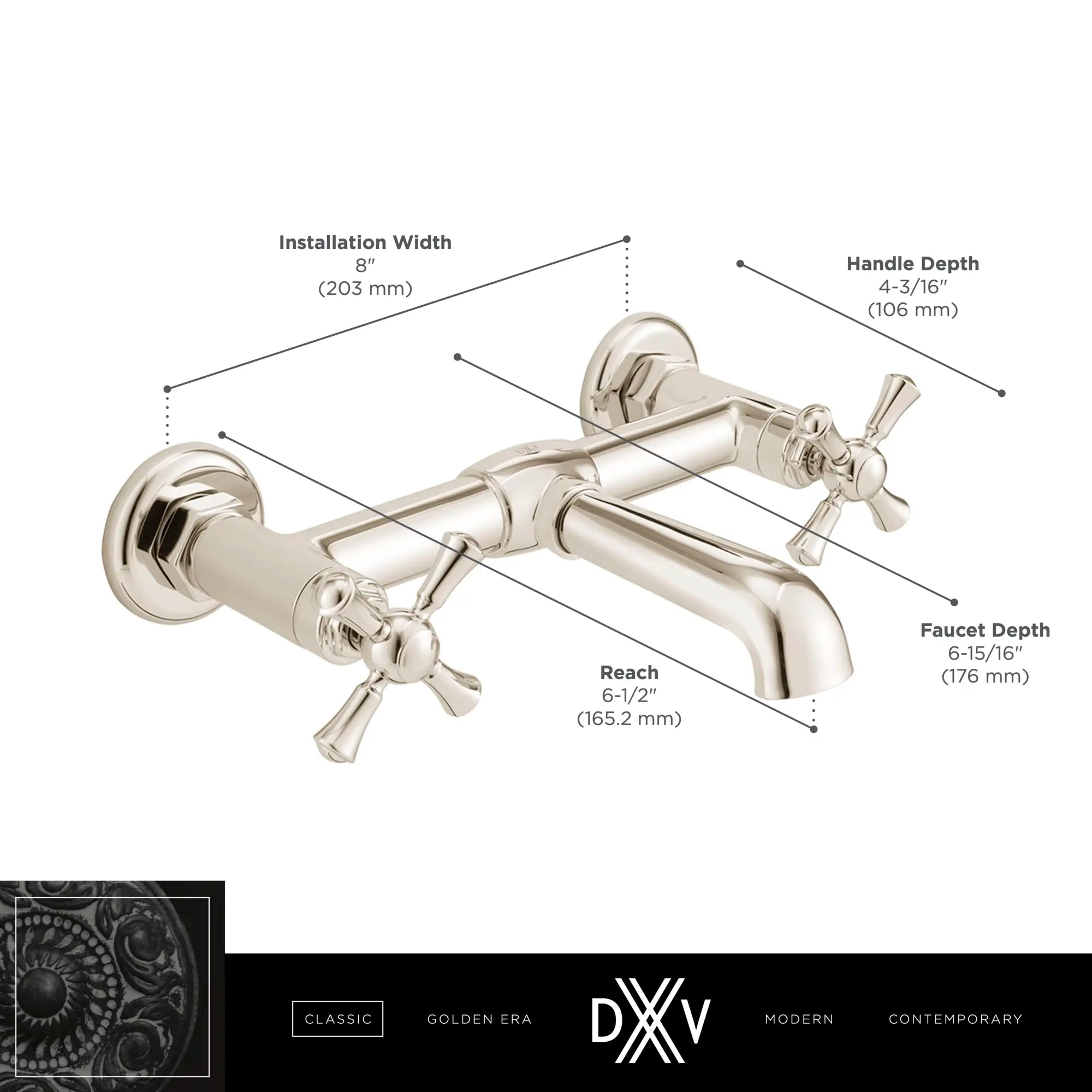 Robinet mural de lavabo espacé à 2 poignées Oak Hill avec poignées en croix // CHROME POLI // 68382_DXV_Oak_Hill_Wall_Mount_Faucets_D35155470_Infographic_2_CDNwebp.webp