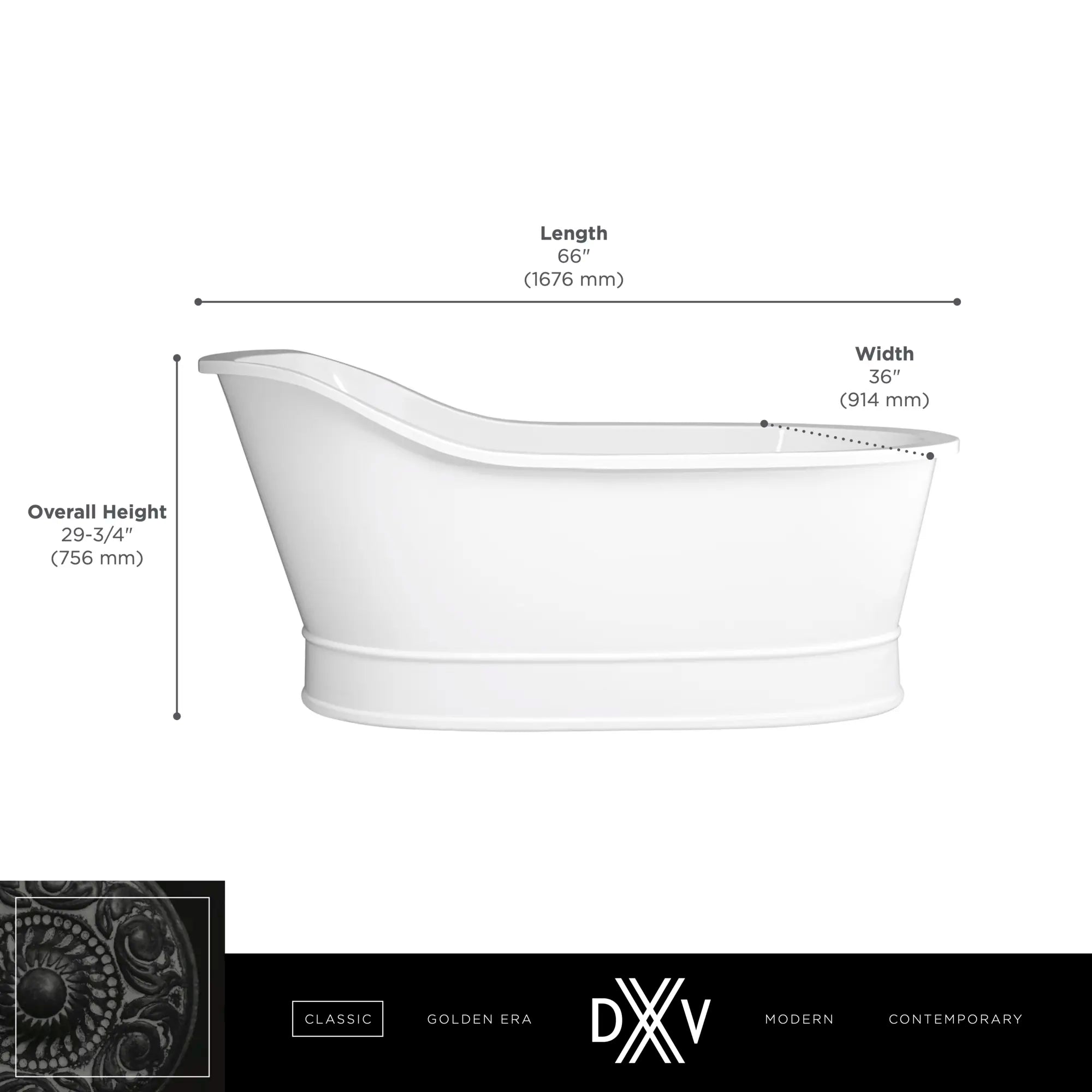 Baignoire autoportante Oak Hill 66 x 36 po // CANVAS WHITE // 68384_DXV_Oak_Hill_FST_D12025004_Infographic_2_CDNwebp.webp