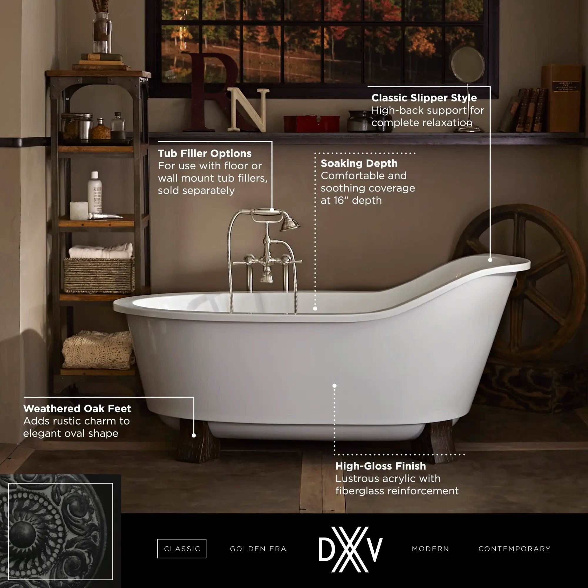 Baignoire autoportante Oak Hill 66 x 36 po avec pieds // WEATHERED OAK // 68386_DXV_Oak_Hill_FST_D12025014_Infographic_1_CDNwebp.webp