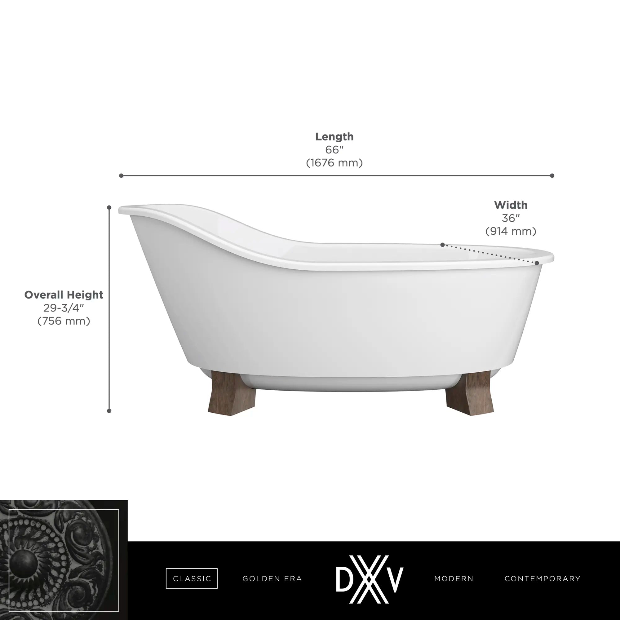Baignoire autoportante Oak Hill 66 x 36 po avec pieds // WEATHERED OAK // 68387_DXV_Oak_Hill_FST_D12025014_Infographic_2_CDNwebp.webp