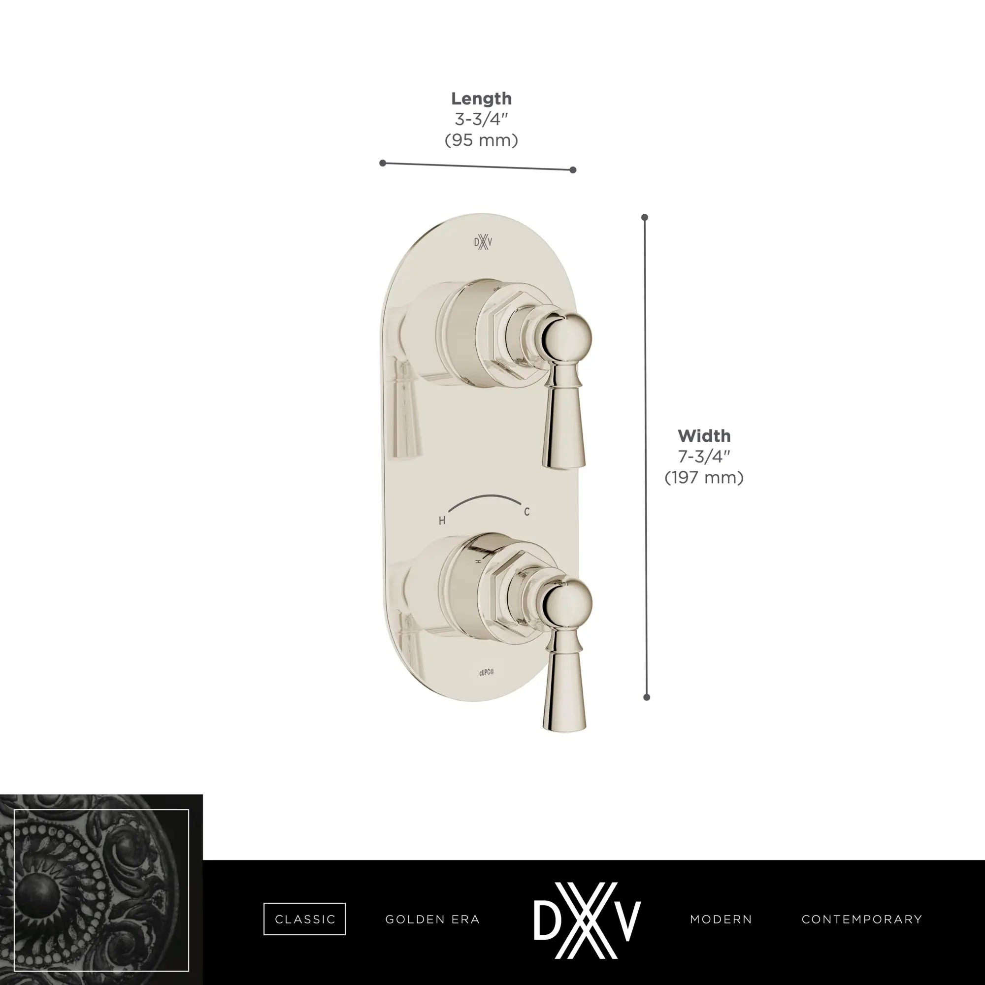 Garniture pour robinet thermostatique à deux poignées Oak Hill avec poignées à levier // CHROME POLI // 68393_DXV_Oak_Hill_2_Handle_Thermo_Slim_Valve_D35155527_Info_1_CDNwebp.webp