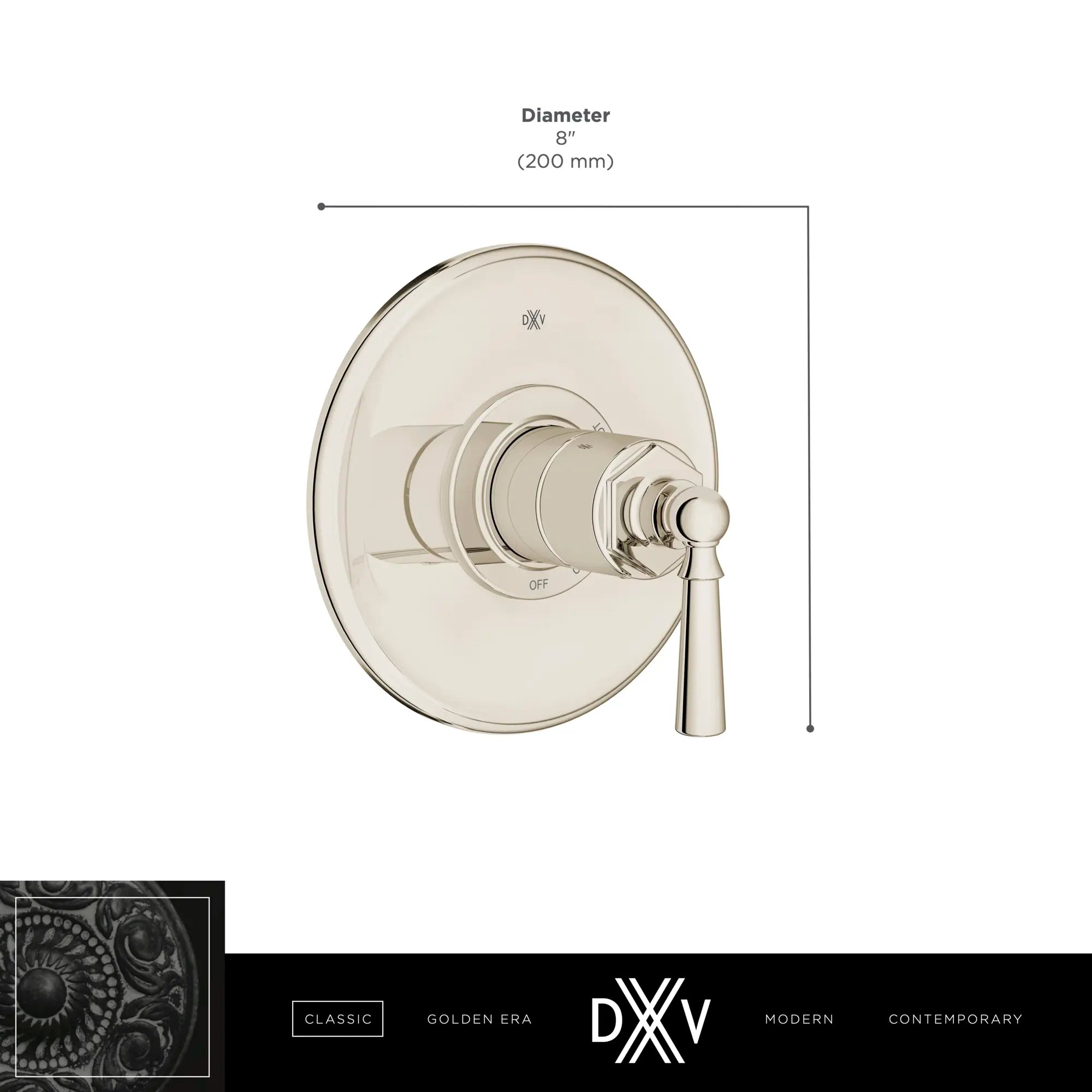 Garniture pour robinet à pression équilibrée Oak Hill avec poignées à levier // CHROME POLI // 68396_DXV_Oak_Hill_PBV_10_less_diverter_D35155500_Info_1_CDNwebp.webp