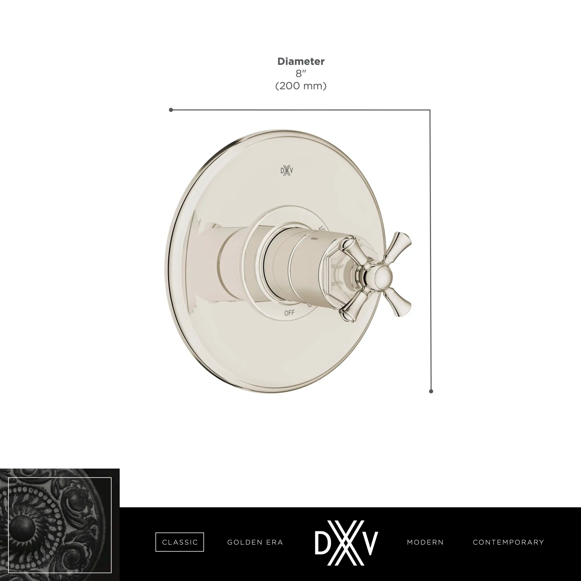 Garniture pour robinet à pression équilibrée Oak Hill avec poignées en croix // CHROME POLI // 68397_DXV_Oak_Hill_PBV_10_less_diverter_D35155540_Info_1_CDNwebp.webp