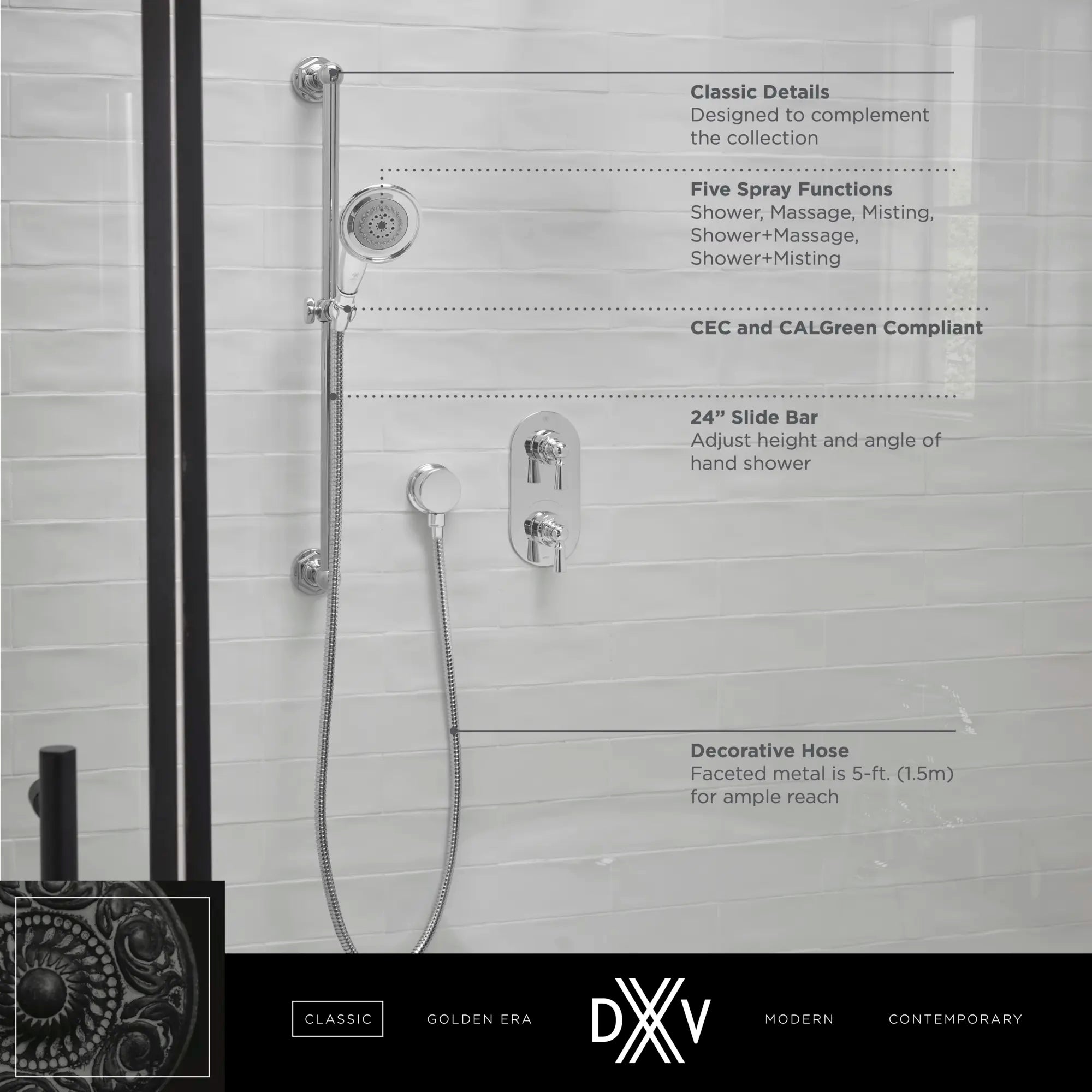 Ensemble de douche personnelle avec douchette Oak Hill // CHROME POLI // 68398_DXV_Oak_Hill_Personal_Shower_D35155780_Infographic_1_CDNwebp.webp
