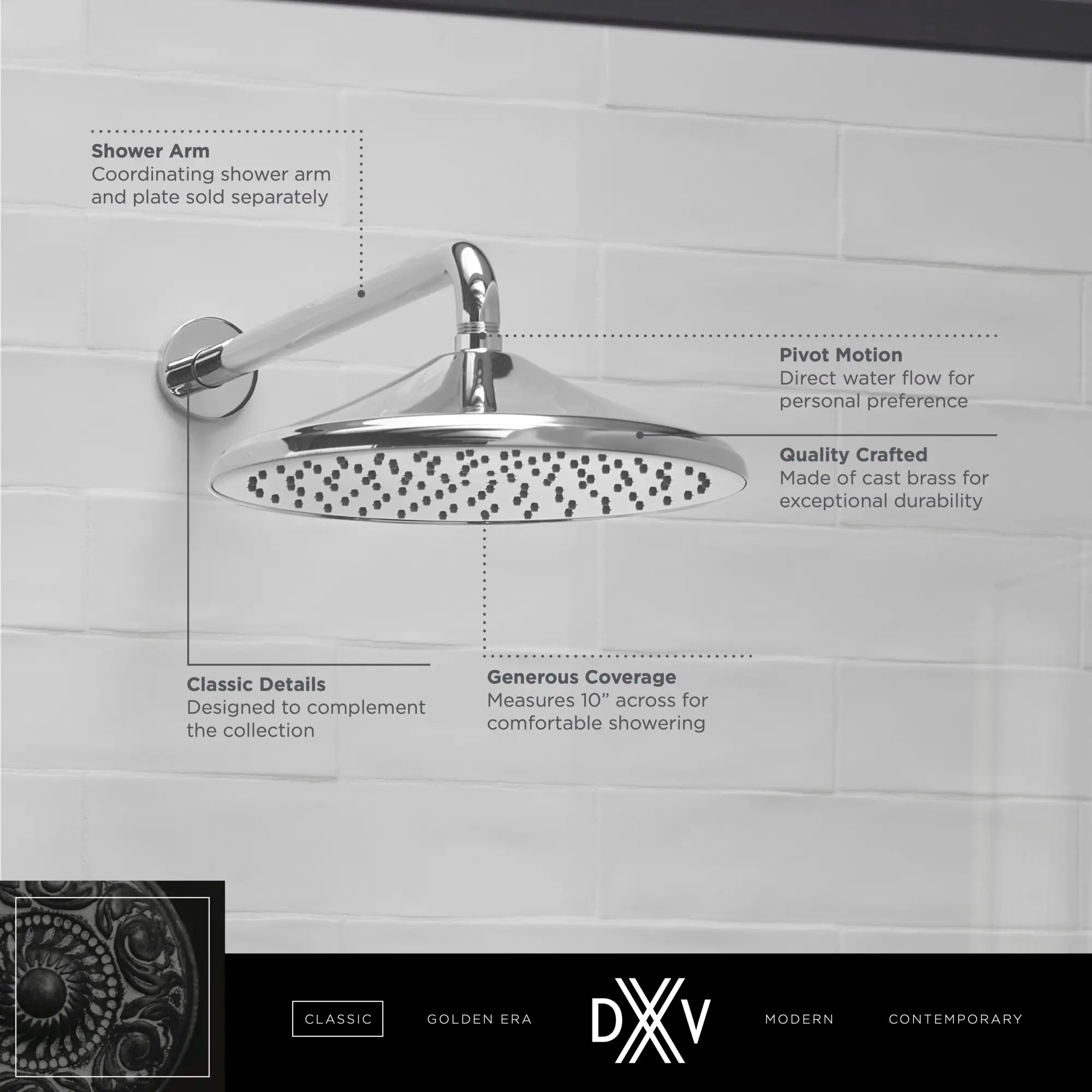 Pomme de douche effet pluie de 10 po Oak Hill // CHROME POLI // 68400_DXV_Oak_Hill_Showerhead_D35155110_Infographic_1_CDNwebp.webp