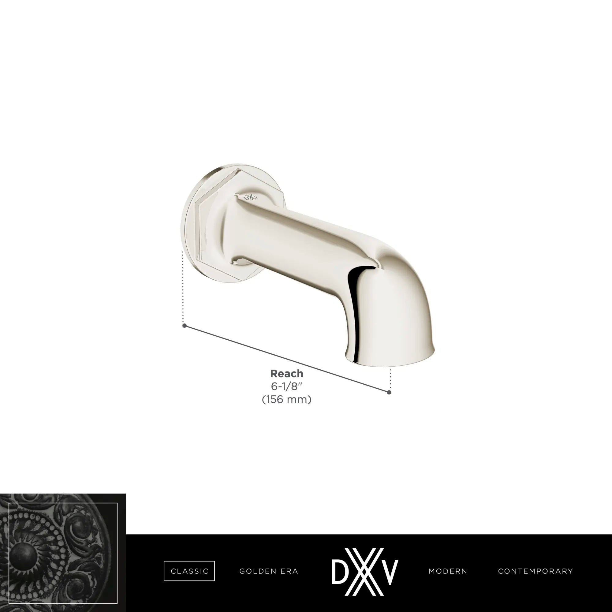 Bec mural pour baignoire Oak Hill // CHROME POLI // 68403_DXV_Oak_Hill_TubSpout_Dims_D35155760_Infographic_1_CDNwebp.webp
