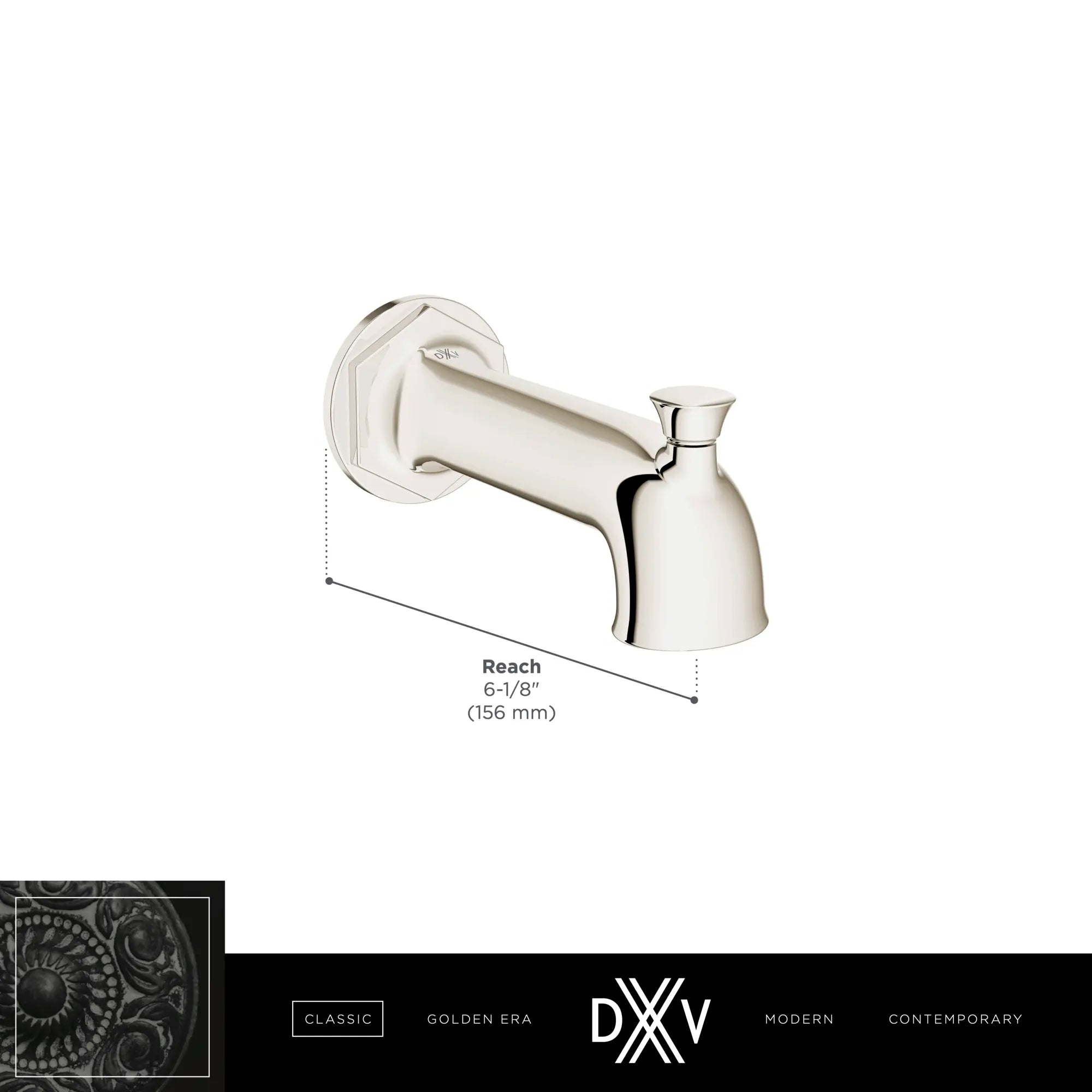 Bec mural avec inverseur pour baignoire Oak Hill // CHROME POLI // 68404_DXV_Oak_Hill_TubSpout_Dims_D35155761_Infographic_1_CDNwebp.webp