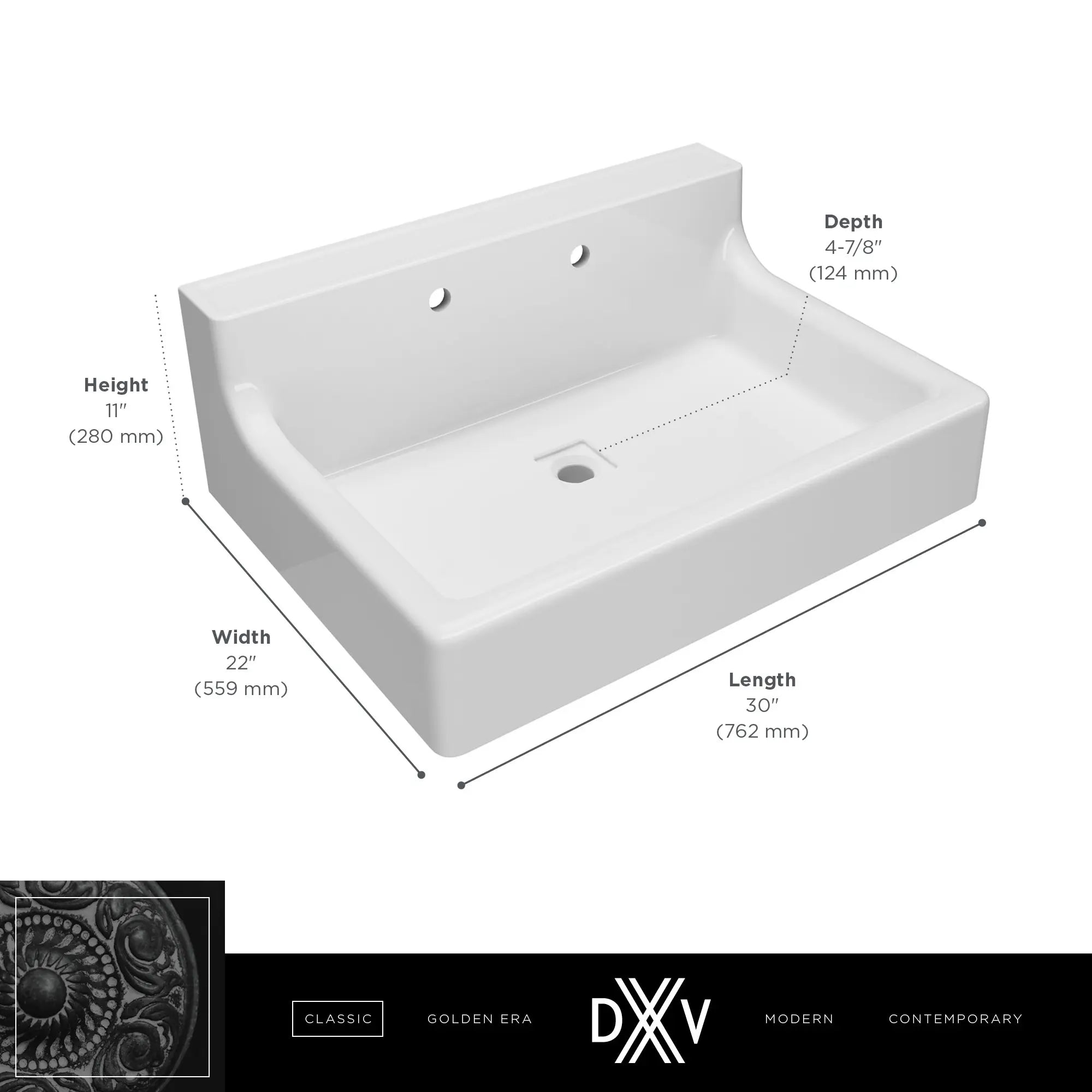 Lavabo de 30 po Oak Hill - deux trous // CANVAS WHITE // 68416_DXV_Oak_Hill_Sink_D20155002_Info_2_CDNwebp.webp