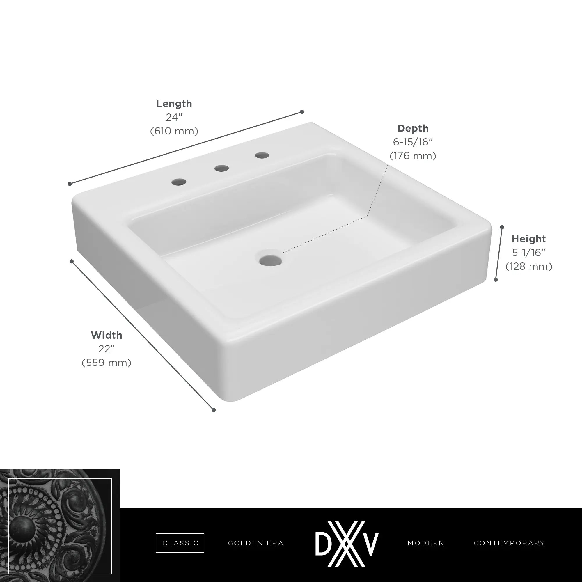 Lavabo de 24 po Oak Hill - trois trous // CANVAS WHITE // 68423_DXV_Oak_Hill_Sink_D20161008_Info_2_CDNwebp.webp