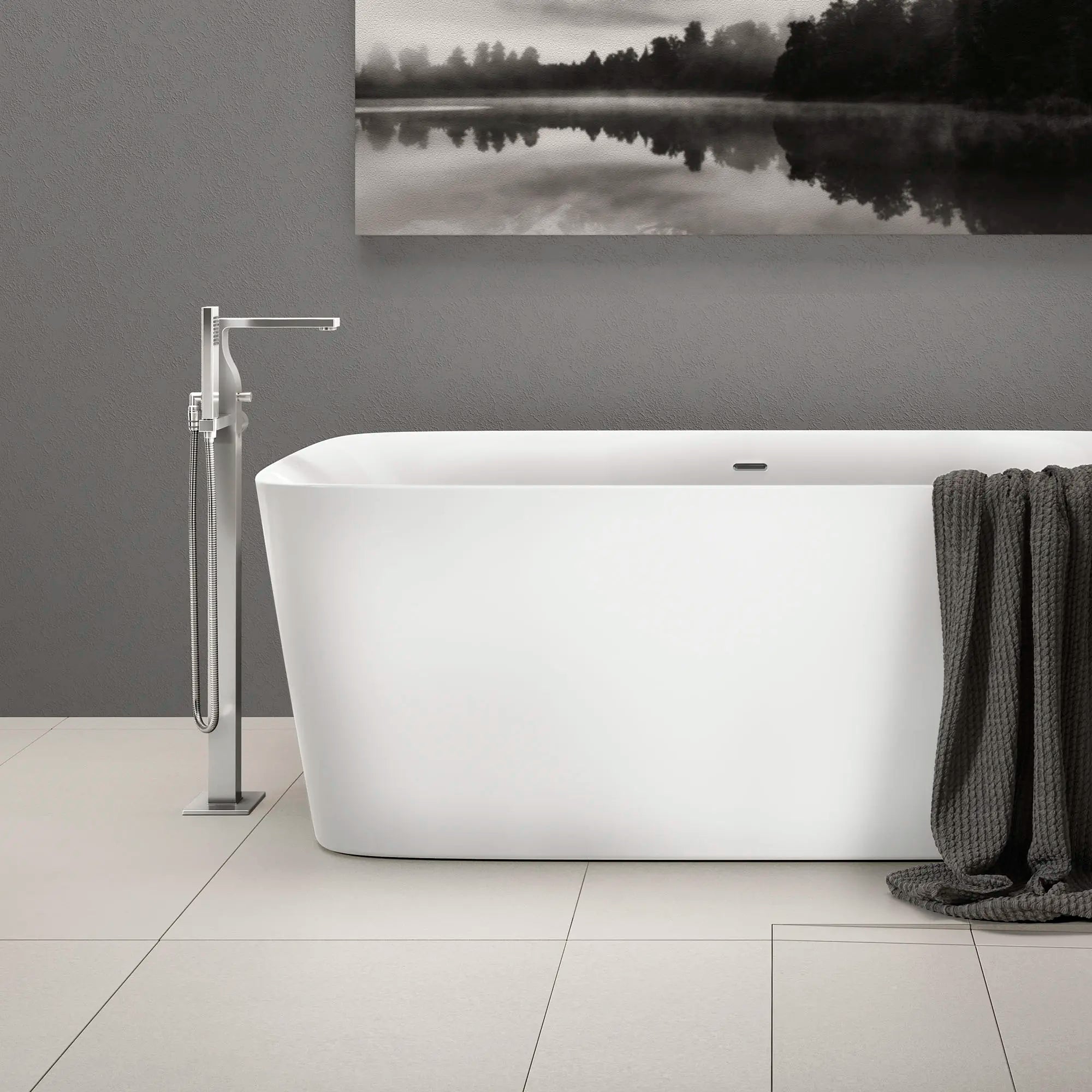 Robinet de bain à installation au plancher Carré avec à douchette et poignée à levier // CHROME POLI // 86183_B-D3590090C100_D12536014415_CDNwebp.webp