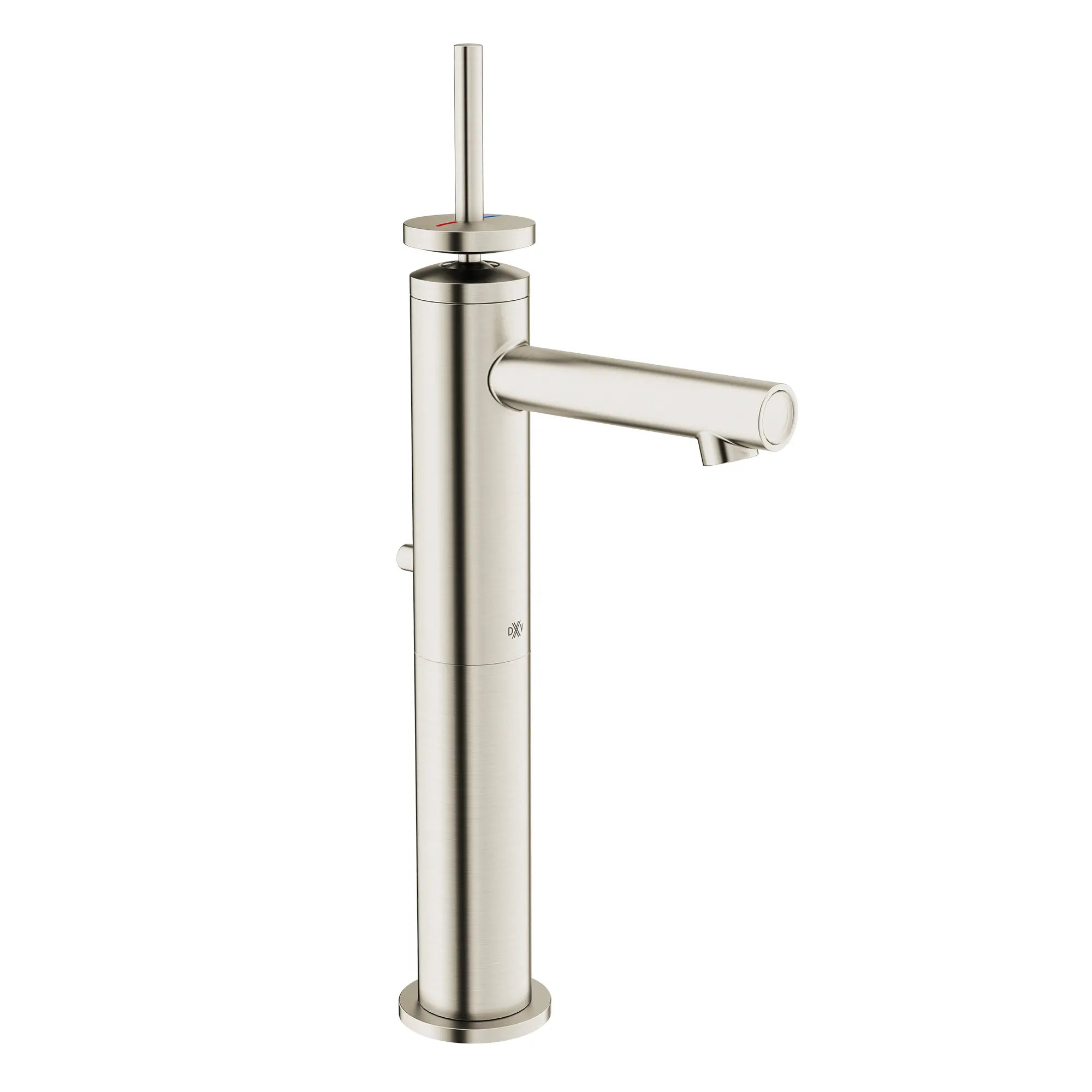 Robinet de lavabo vasque monotrou à poignée unique Percy avec indicateurs rouge et bleu sur la poignée en tige // NICKEL BROSSÉ // 93710_D35105150RB.144_CDNwebp.webp