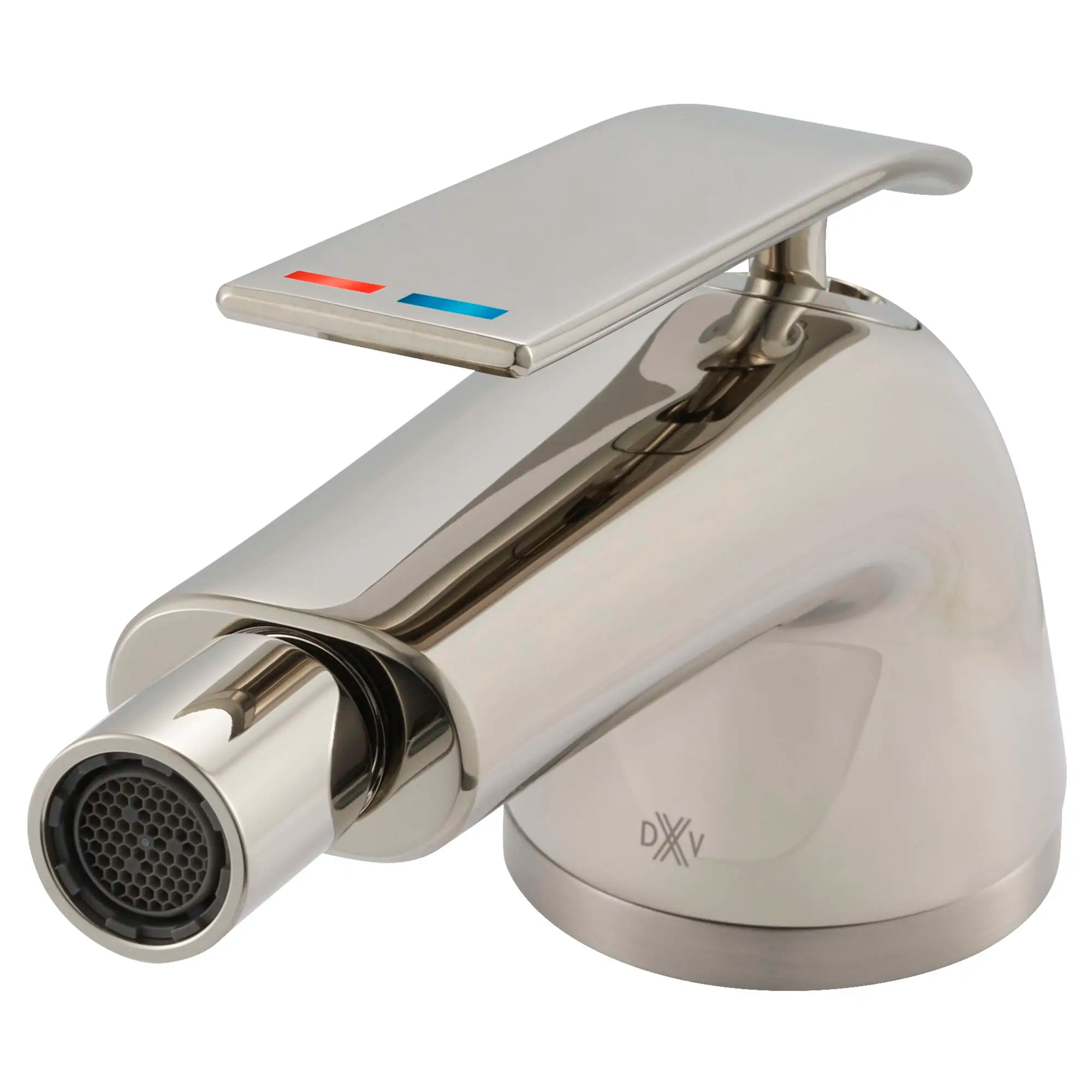 Robinet pour bidet DXV Modulus avec indicateurs rouge et bleu sur la poignée // PLATINUM NICKEL // 95107_D35120012RB150_1_CDNwebp.webp